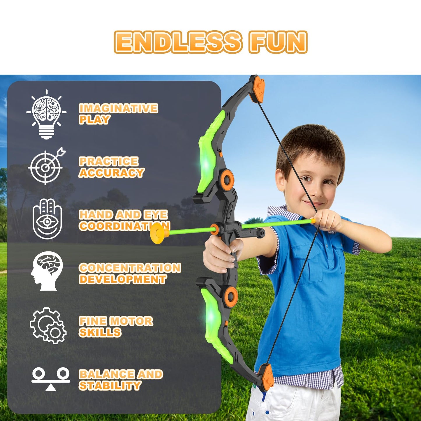 Kmuxilal Kids Bow and Arrow Set with LED Lights | Indoor & Outdoor Archery Toy Gift (Ages 4-12)