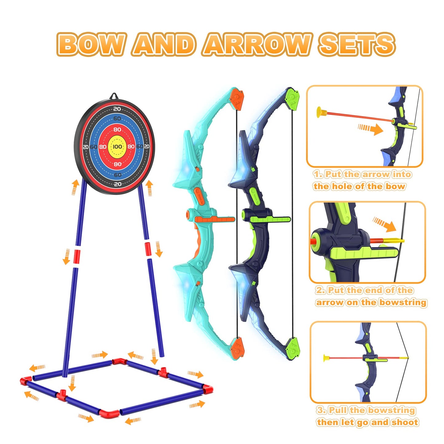 Kmuxilal 2 Pack Kids Bow and Arrow Set with LED Lights – 14 Suction Arrows & Fluorescent Target