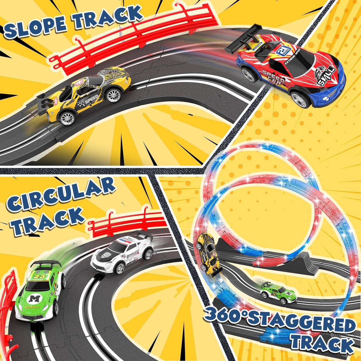 Kmuxilal Slot Car Race Track Sets – 2-in-1 Electric Track with 4 Cars