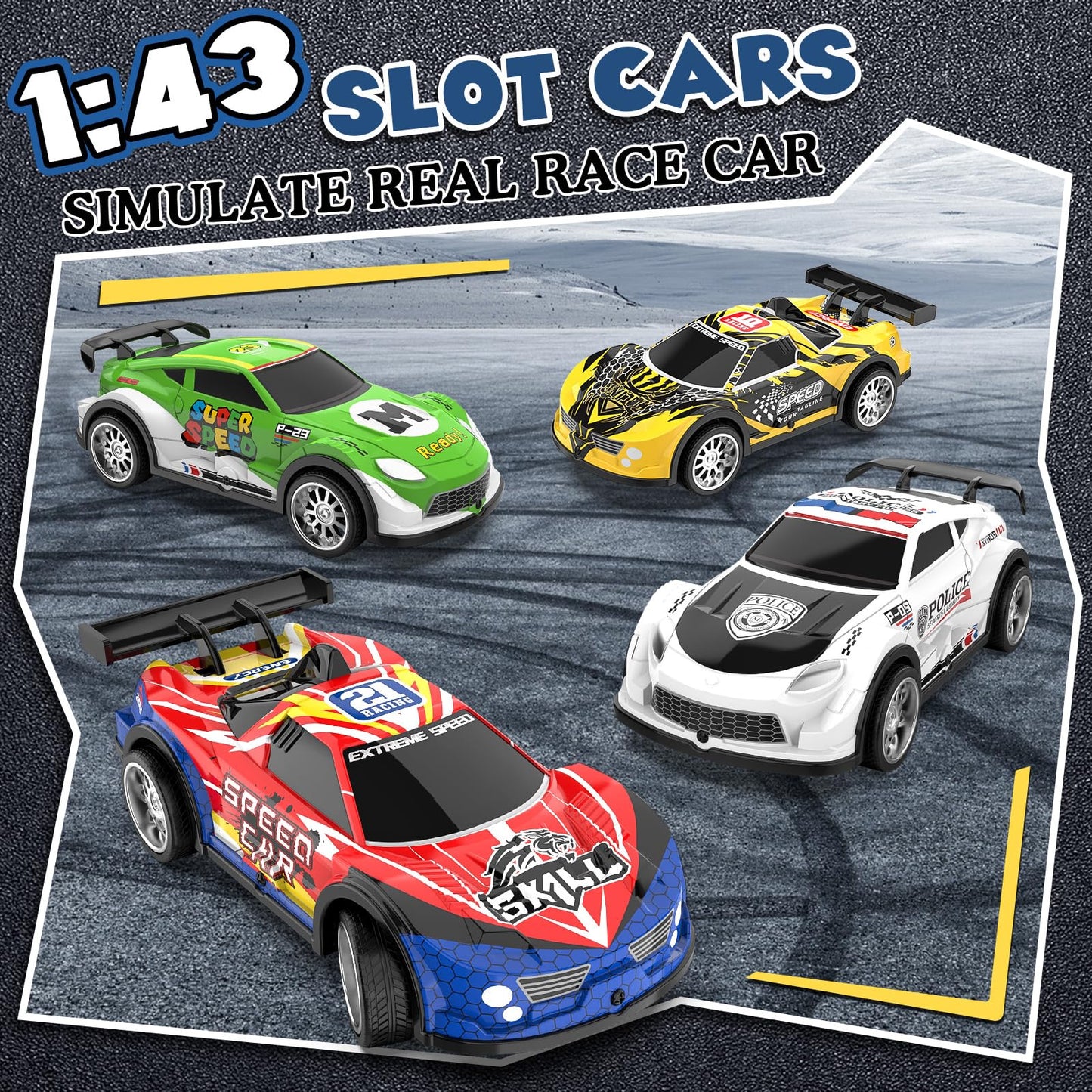 Kmuxilal Slot Car Race Track Sets – 2-in-1 Electric Track with 4 Cars