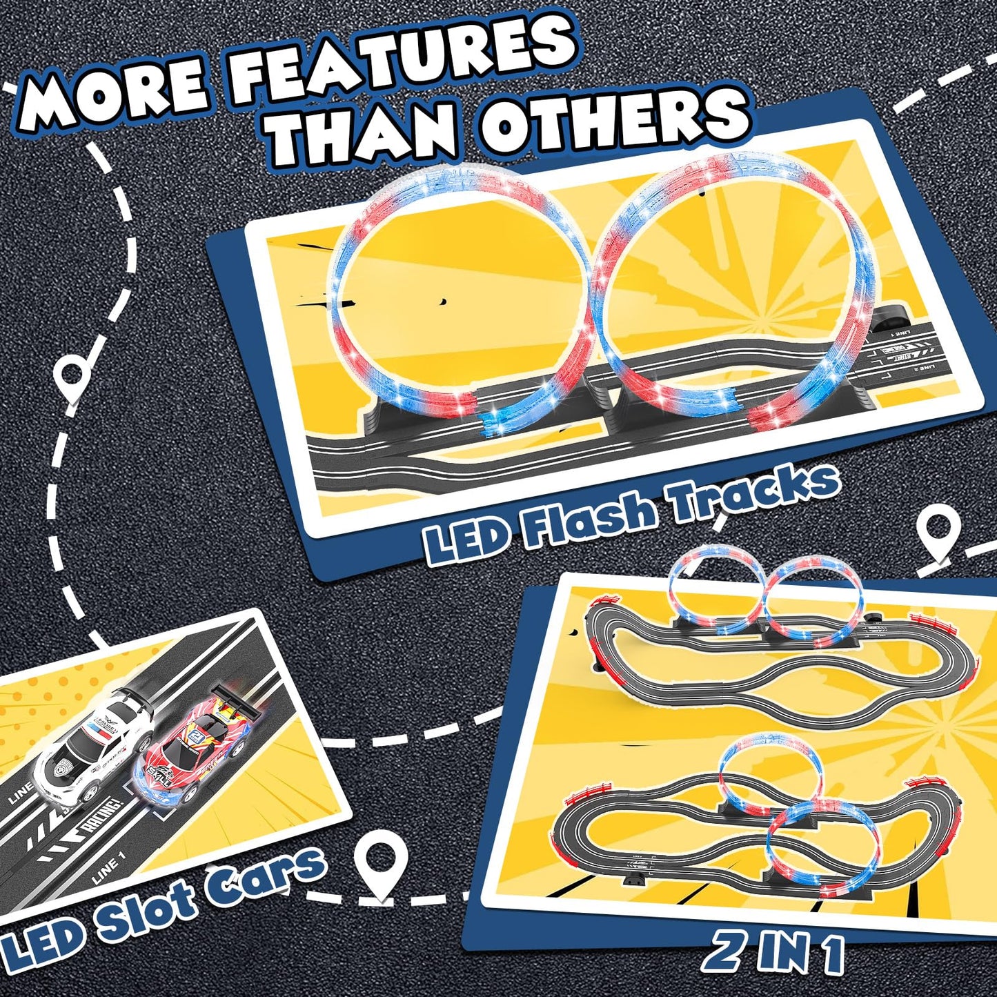 Kmuxilal Slot Car Race Track Sets – 2-in-1 Electric Track with 4 Cars