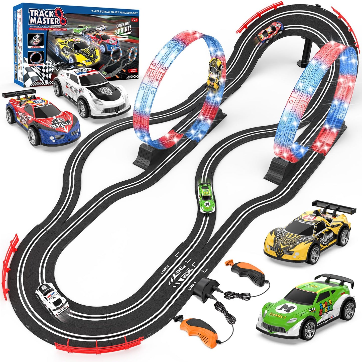 Kmuxilal Slot Car Race Track Sets – 2-in-1 Electric Track with 4 Cars