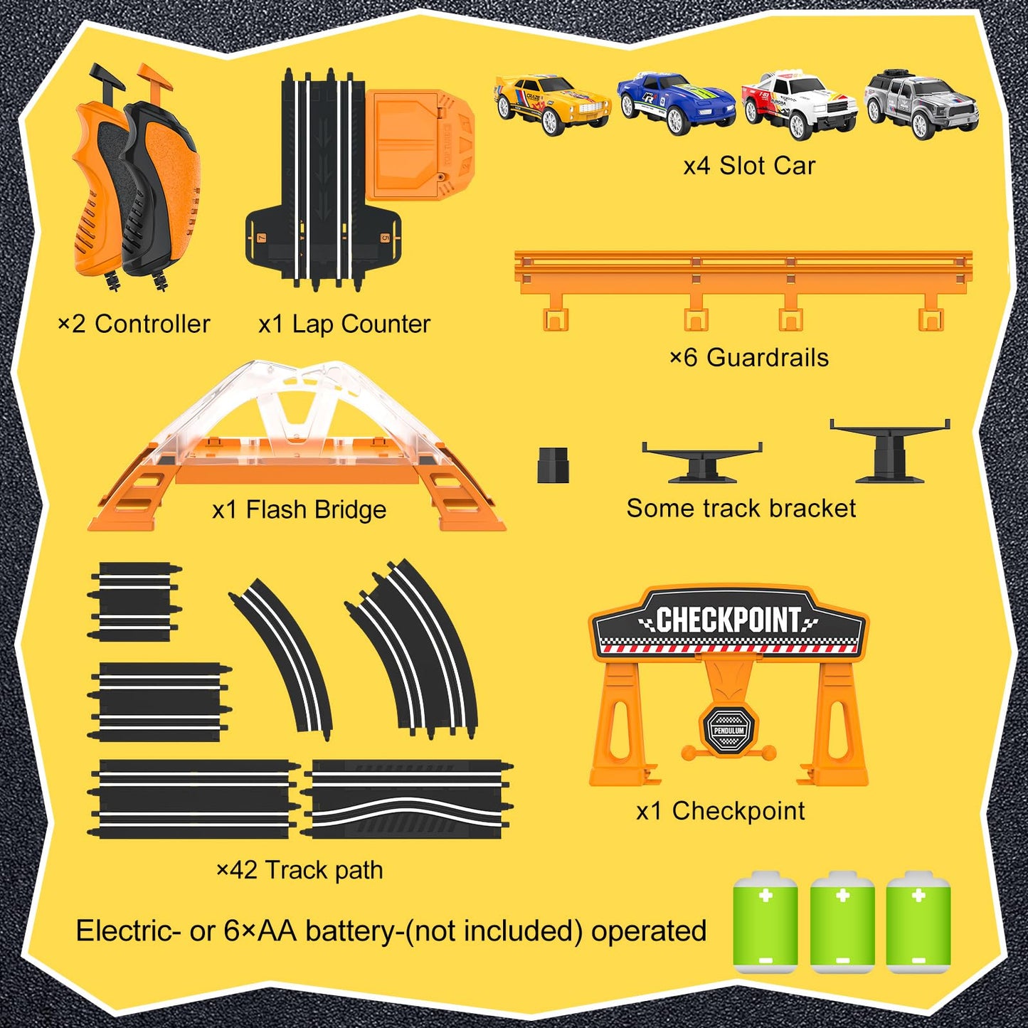 Kmuxilal Slot Car Race Track Set – 4 Cars, LED Bridge, Overpass & 20ft Track