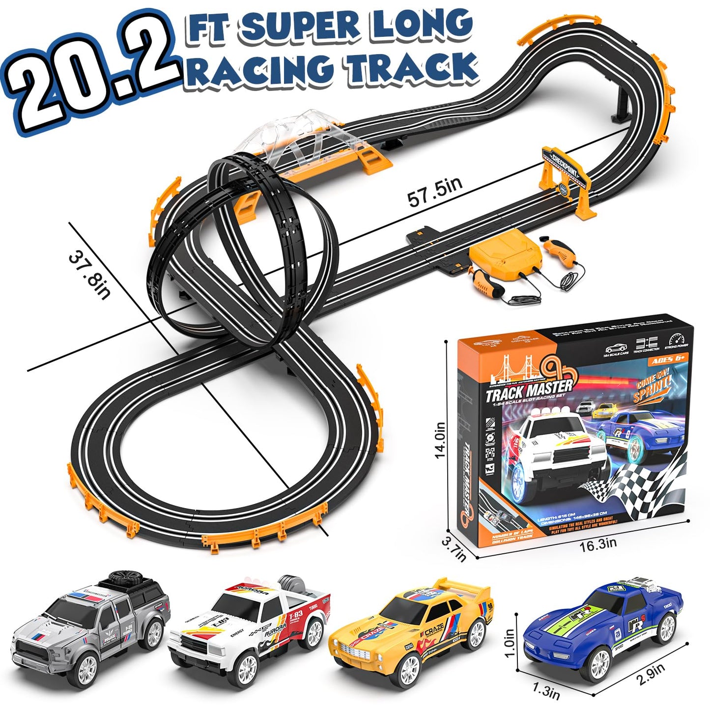 Kmuxilal Slot Car Race Track Set – 4 Cars, LED Bridge, Overpass & 20ft Track
