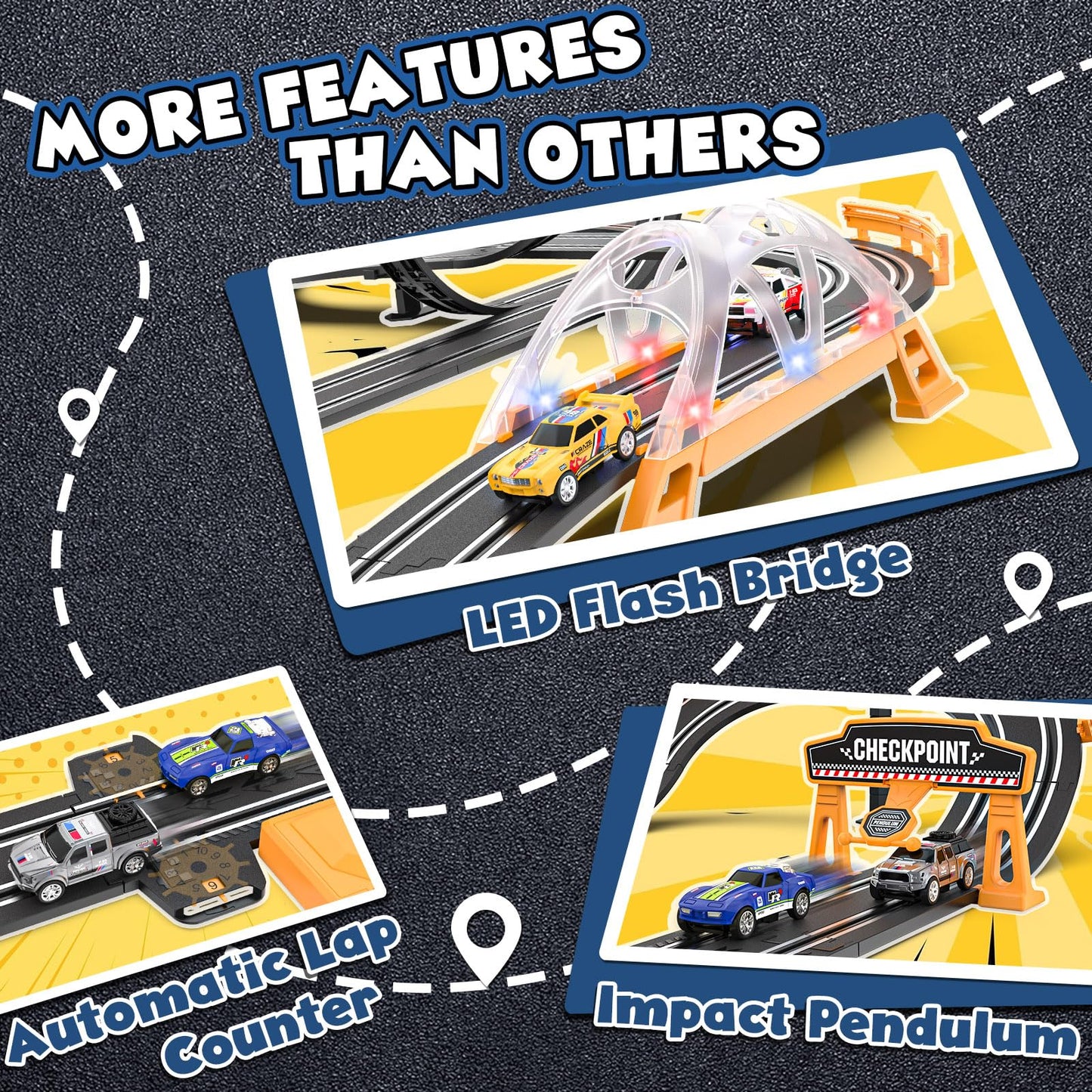 Kmuxilal Slot Car Race Track Set – 4 Cars, LED Bridge, Overpass & 20ft Track