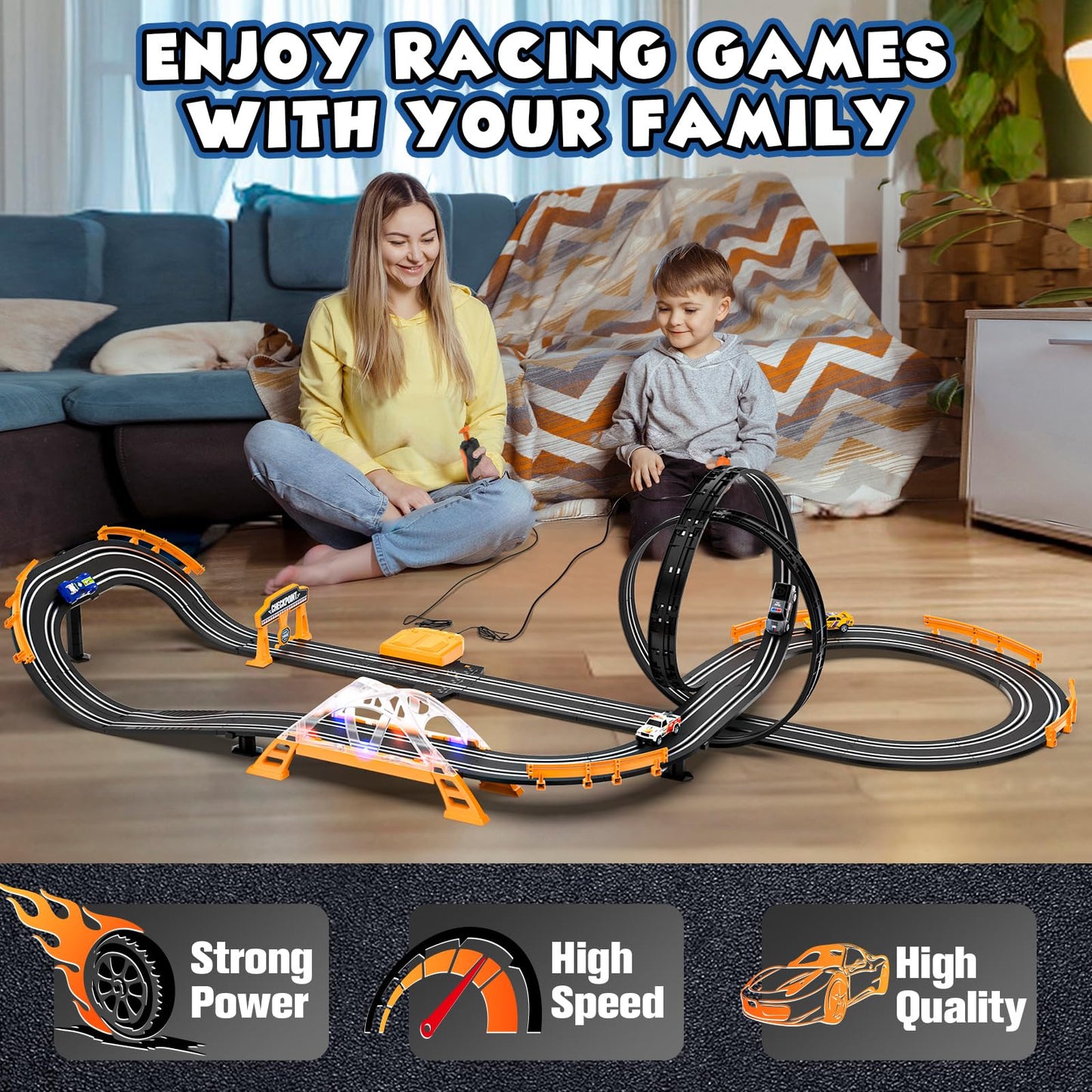 Kmuxilal Slot Car Race Track Set – 4 Cars, LED Bridge, Overpass & 20ft Track