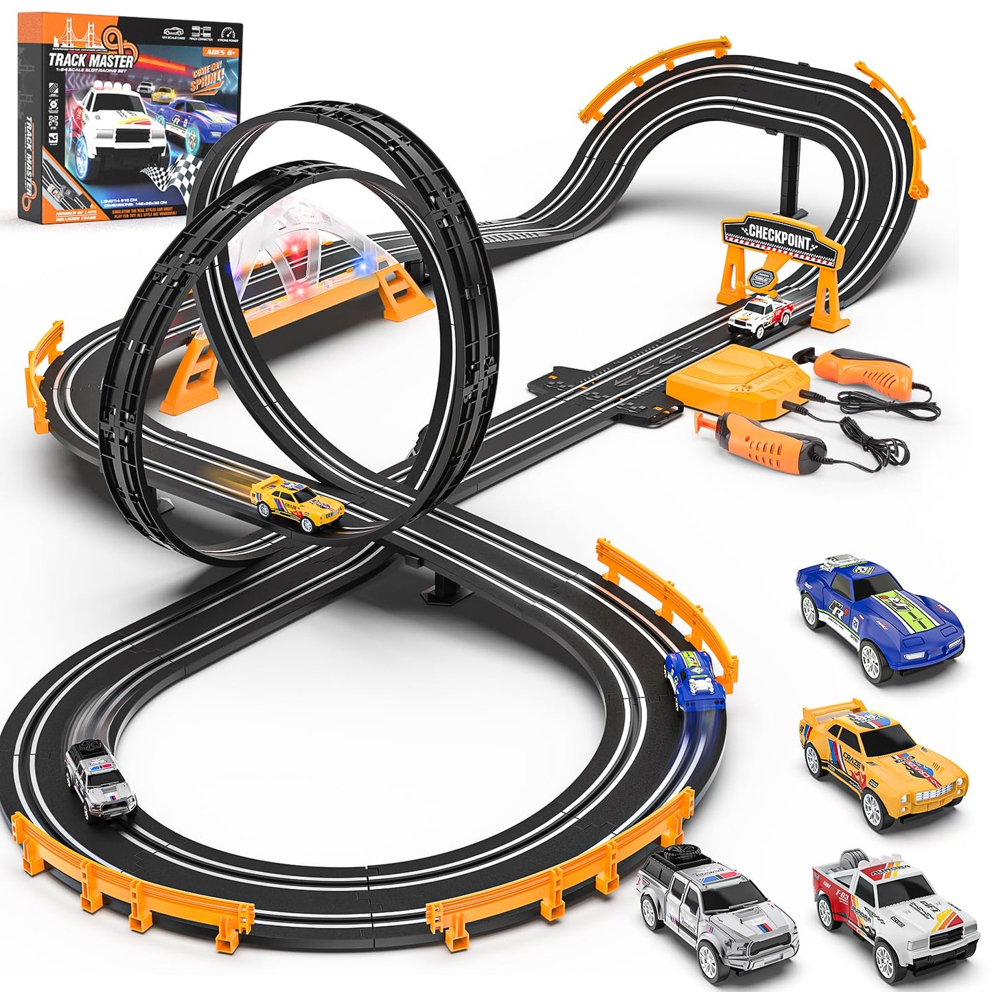 Kmuxilal Slot Car Race Track Set – 4 Cars, LED Bridge, Overpass & 20ft Track