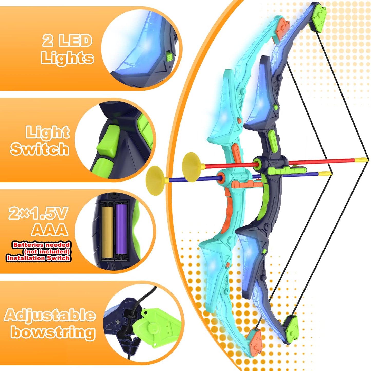 Kmuxilal 2 Pack Kids Bow and Arrow Set with LED Lights – 14 Suction Arrows & Fluorescent Target