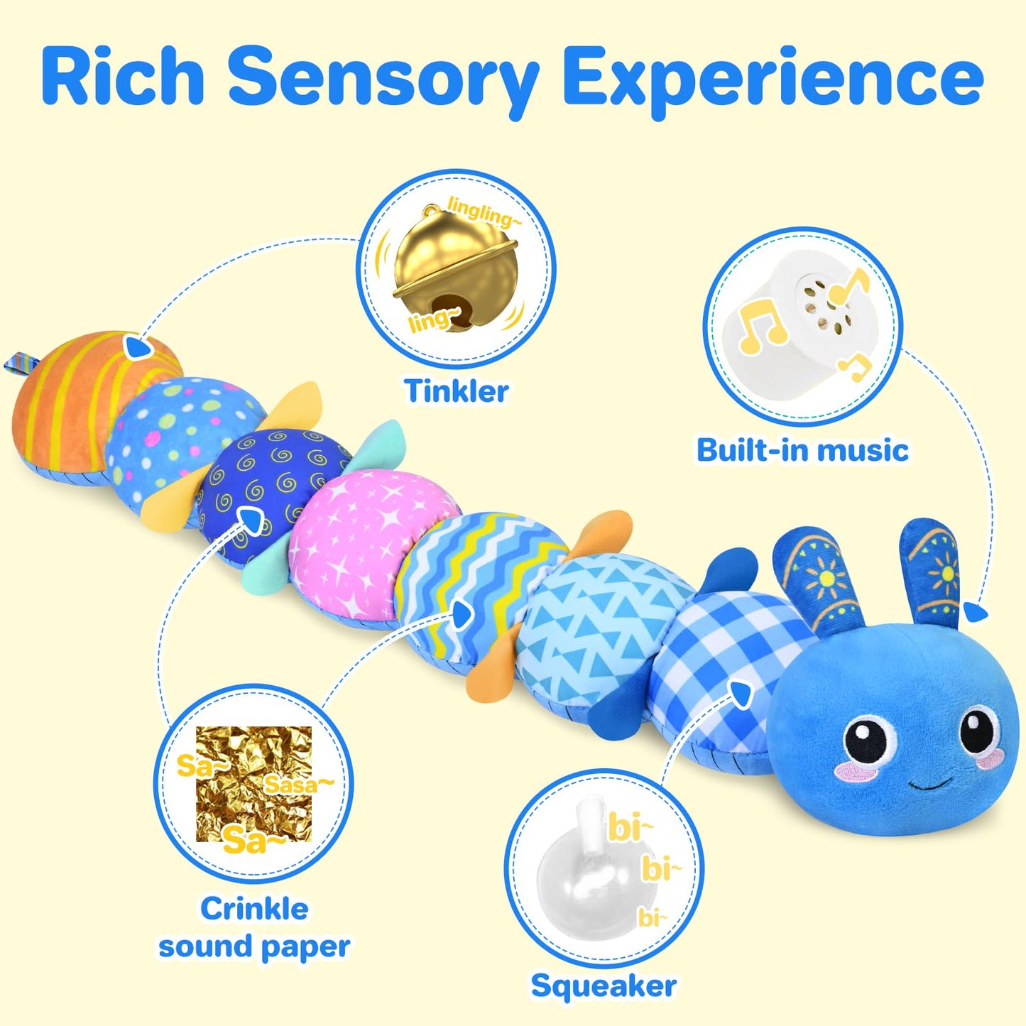 KMUYSL Baby Toys 0-12 Months | Sensory Plush Animal with Crinkle, Rattle & Lullaby