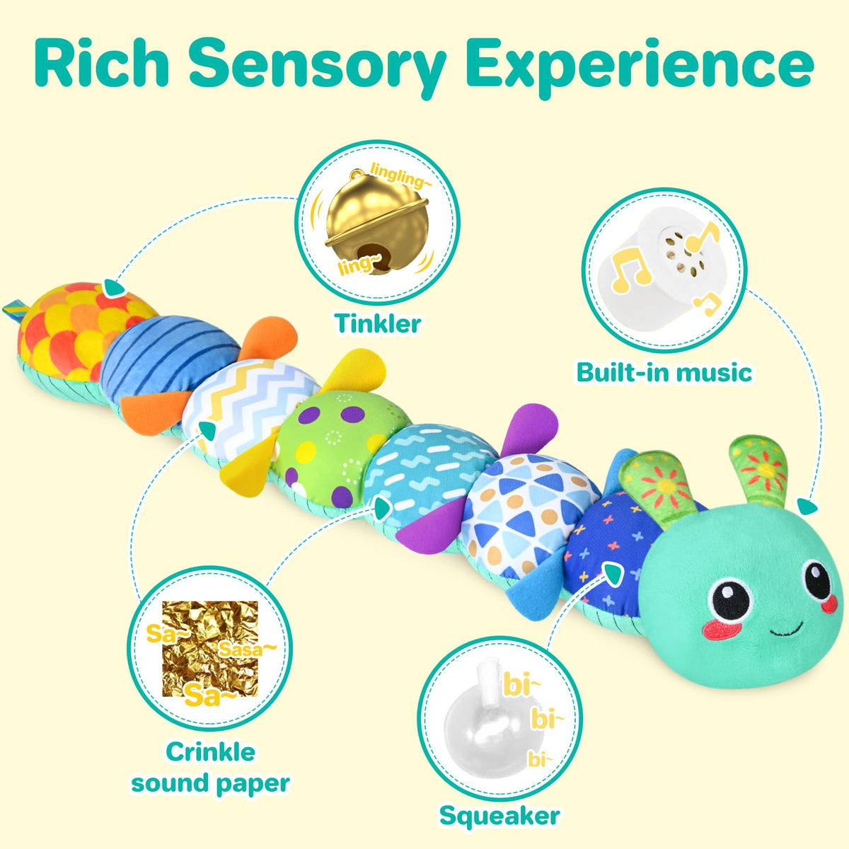 KMUYSL Sensory Baby Toy 0-12 Months — Plush Crinkle, Rattle & Squeaker for Tummy Time