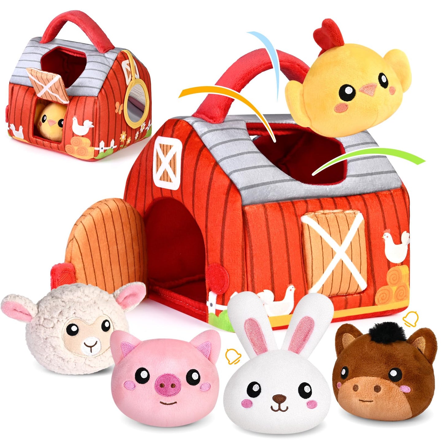 KMUYSL Baby Toys 0-12 Months | Plush Red Barn with Farm Animals, Rattle & Crinkle