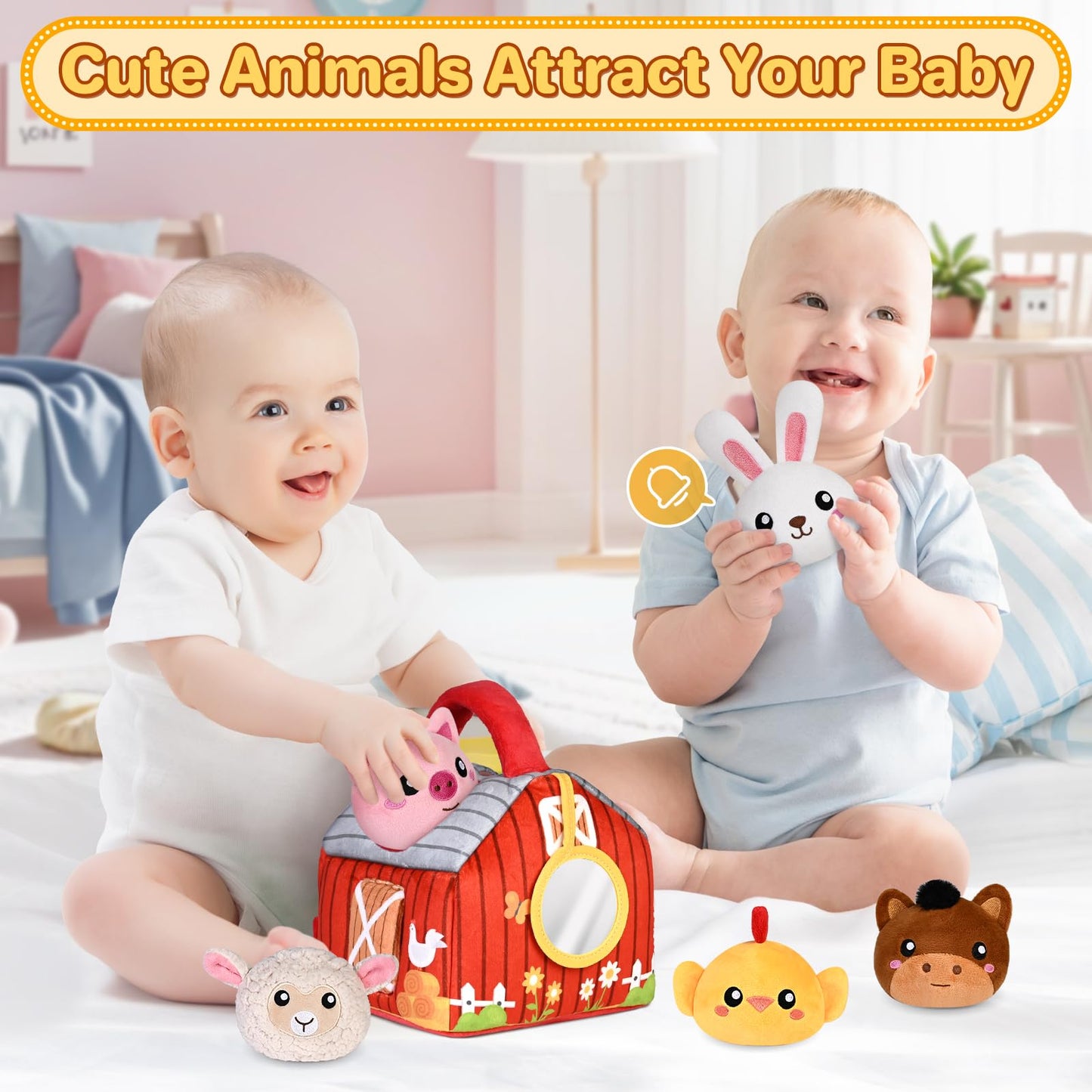 KMUYSL Baby Toys 0-12 Months | Plush Red Barn with Farm Animals, Rattle & Crinkle