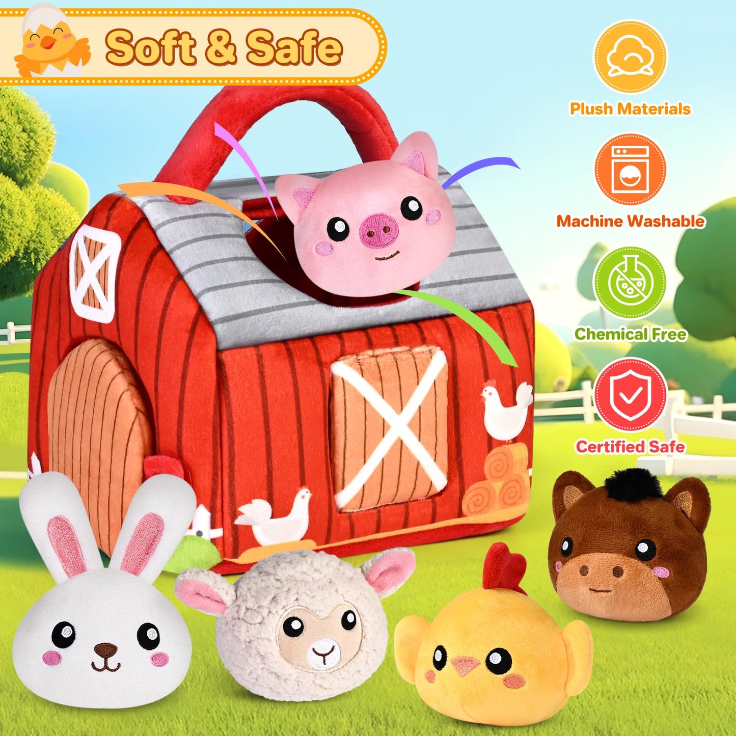 KMUYSL Baby Toys 0-12 Months | Plush Red Barn with Farm Animals, Rattle & Crinkle