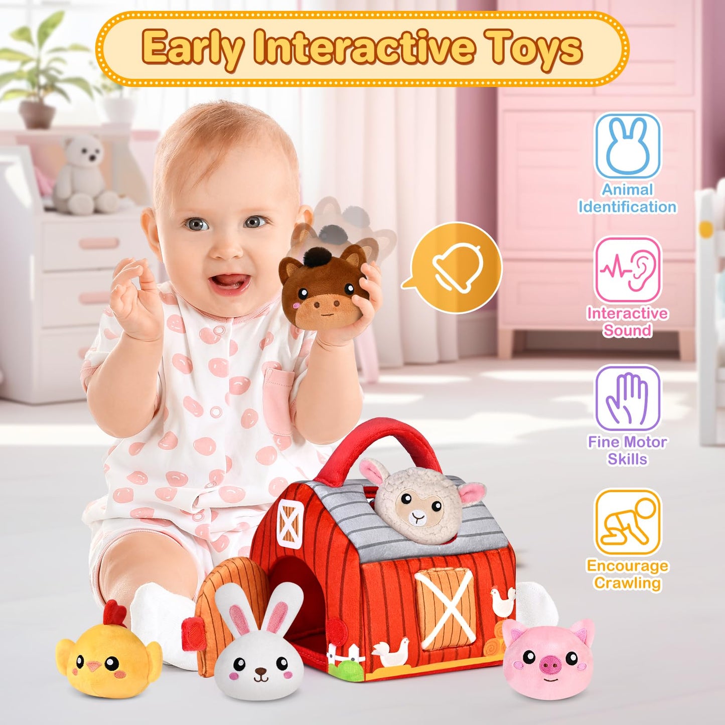 KMUYSL Baby Toys 0-12 Months | Plush Red Barn with Farm Animals, Rattle & Crinkle