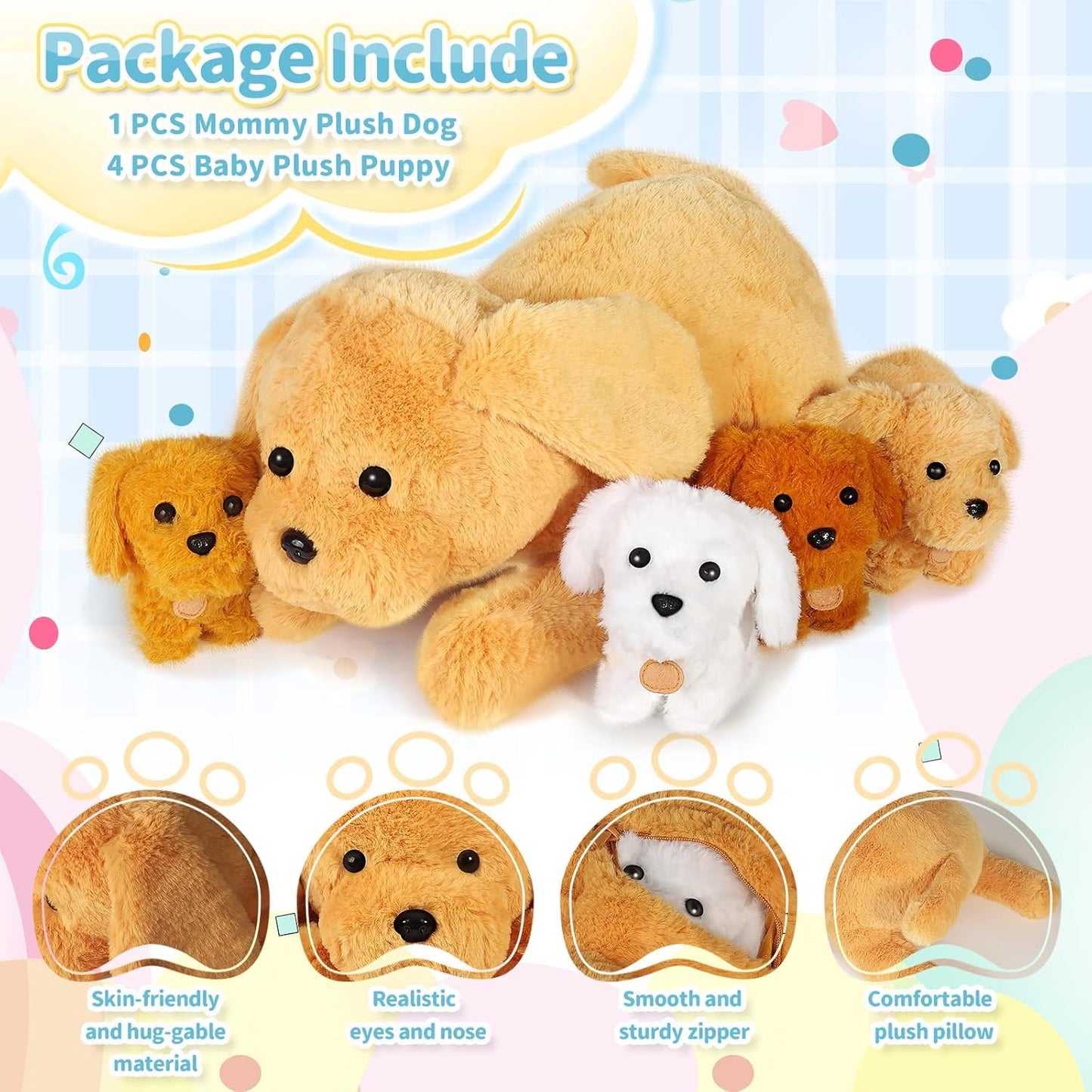 KMUYSL Puppy Stuffed Animals Toys – Mommy Dog with 4 Baby Puppies, Soft Plush Gift for Kids 0-8+