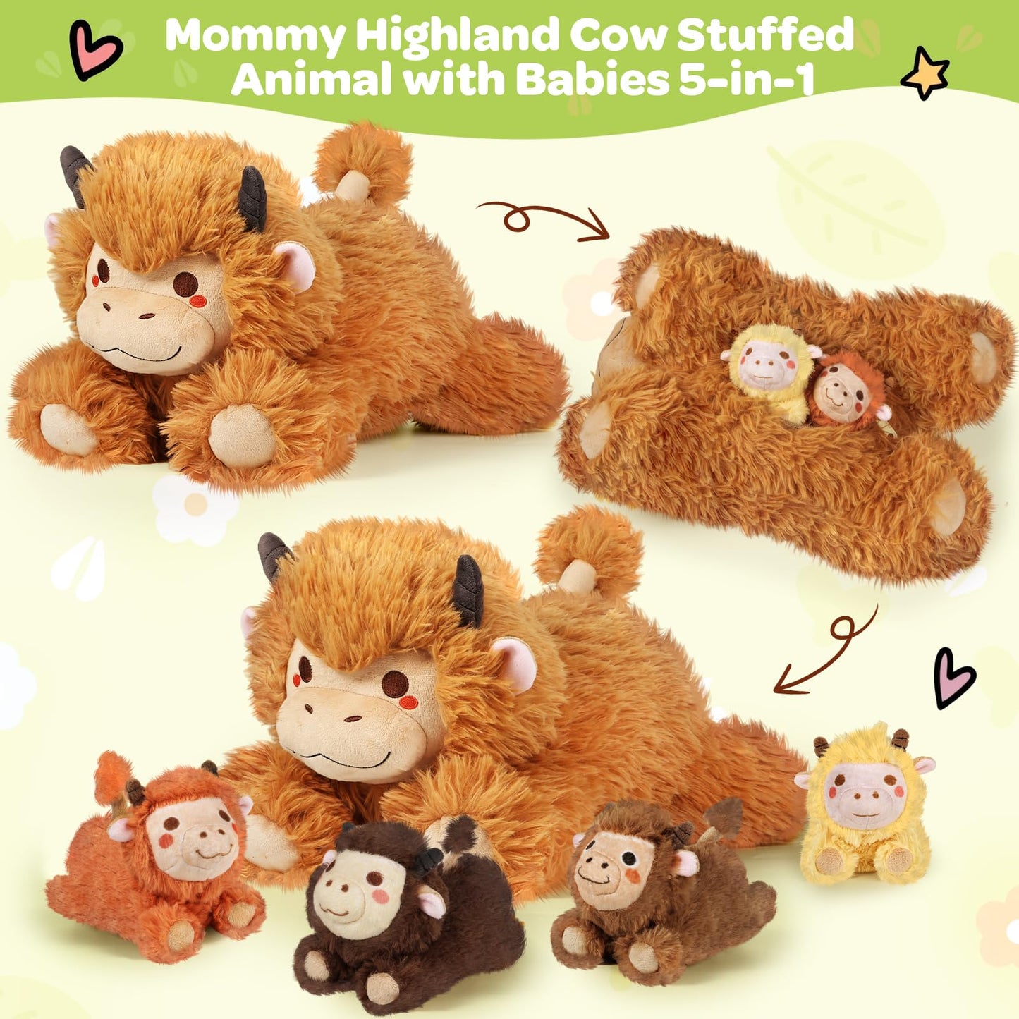 KMUYSL Highland Cow Plush Set – Mommy + 4 Calves for Kids | Soft, Safe, Travel-Friendly Toys