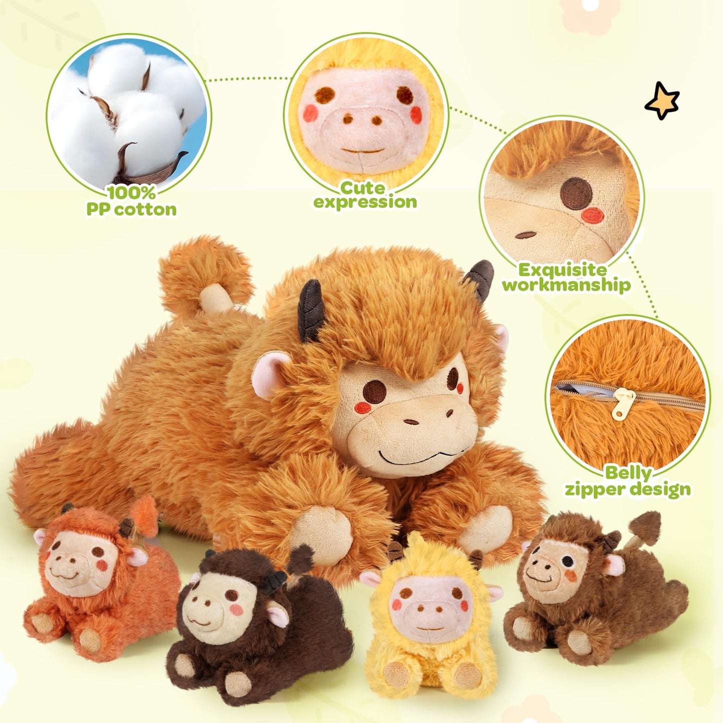 KMUYSL Highland Cow Plush Set – Mommy + 4 Calves for Kids | Soft, Safe, Travel-Friendly Toys