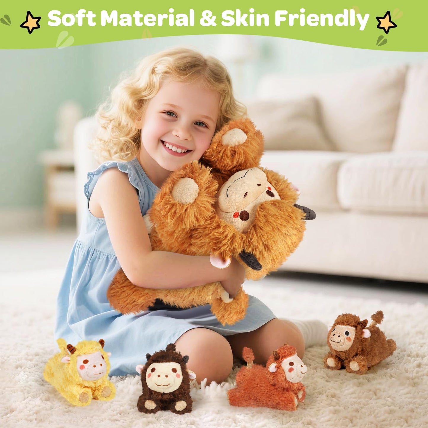 KMUYSL Highland Cow Plush Set – Mommy + 4 Calves for Kids | Soft, Safe, Travel-Friendly Toys