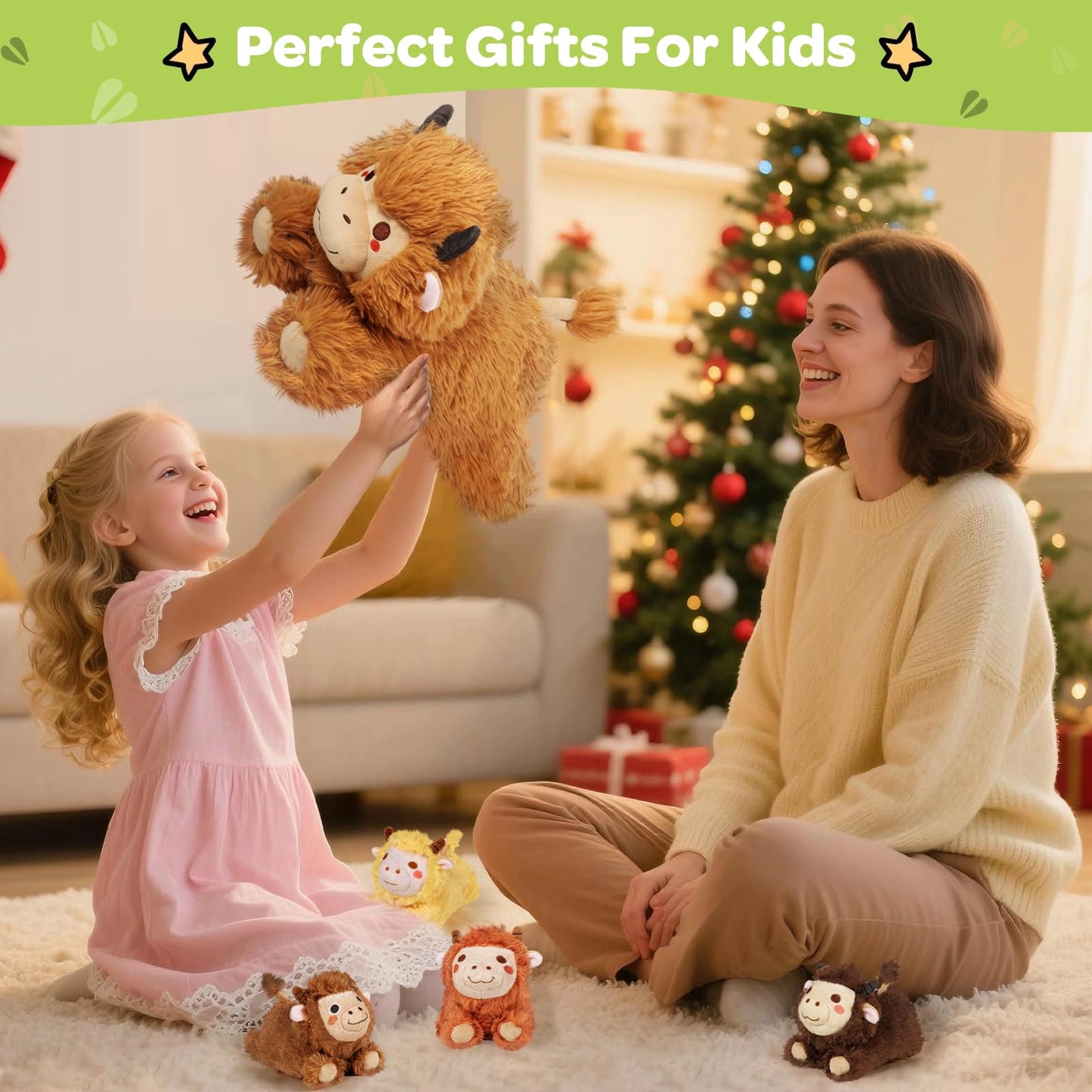 KMUYSL Highland Cow Plush Set – Mommy + 4 Calves for Kids | Soft, Safe, Travel-Friendly Toys