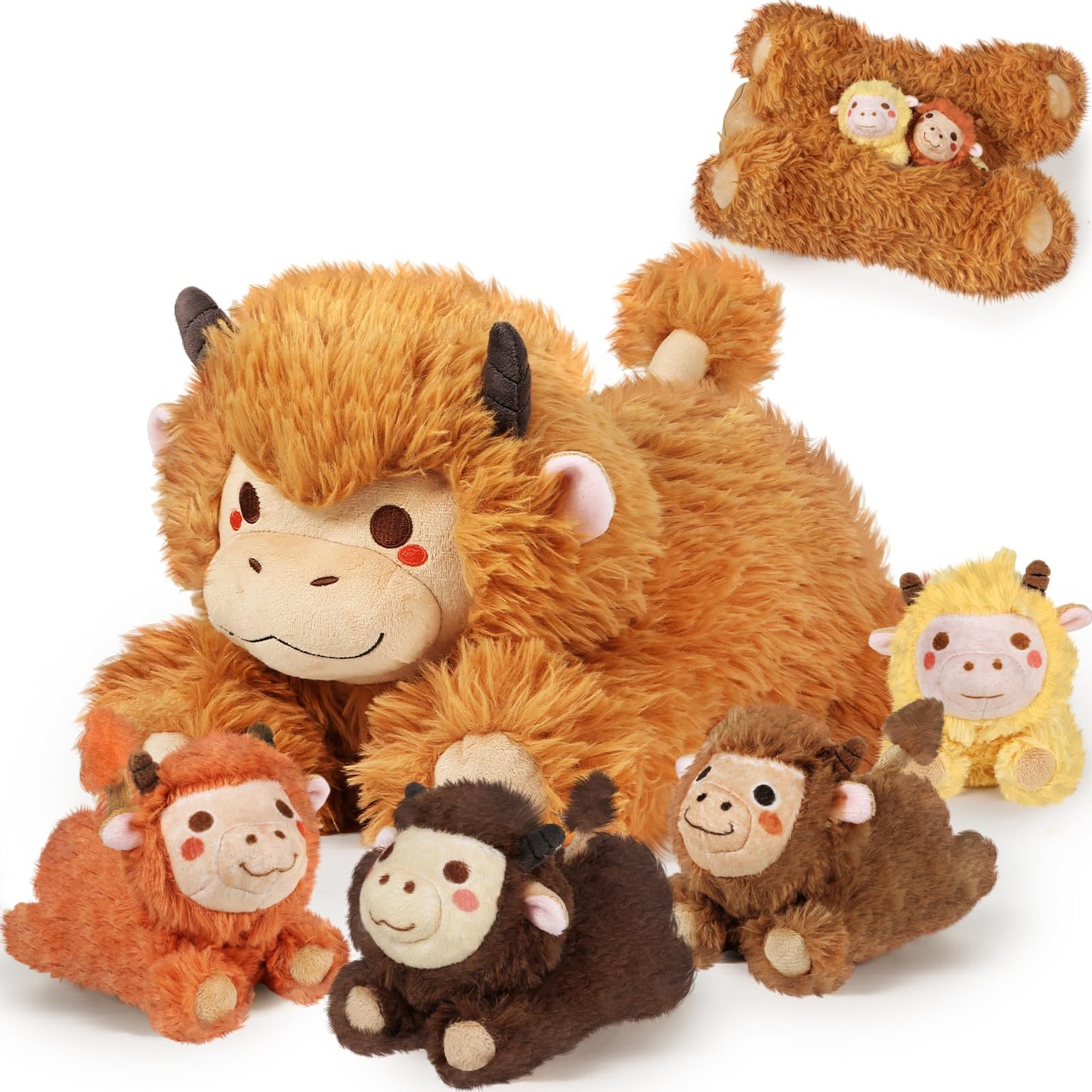 KMUYSL Highland Cow Plush Set – Mommy + 4 Calves for Kids | Soft, Safe, Travel-Friendly Toys