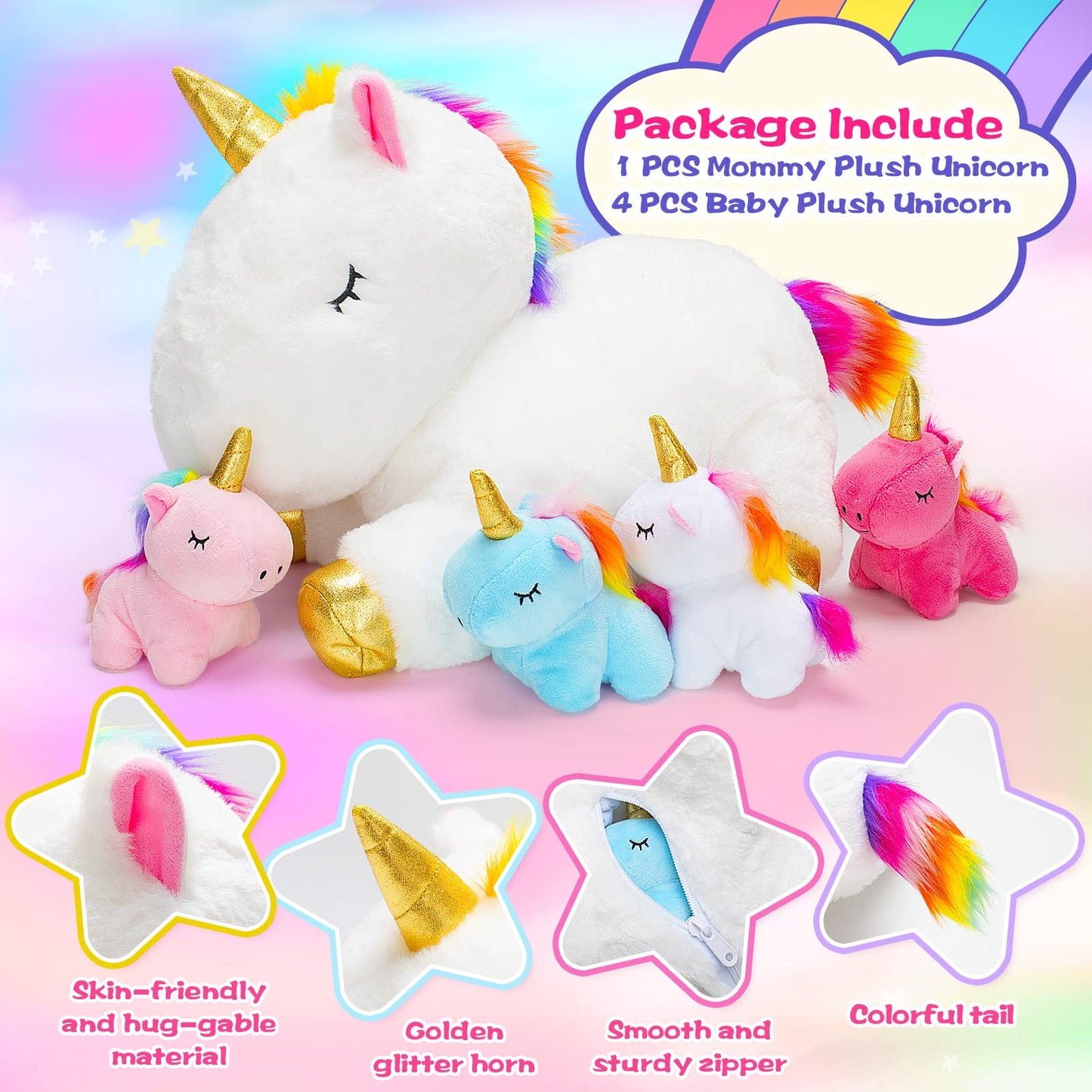 KMUYSL Unicorn Mommy Plush with 4 Baby Unicorns – Soft Plush Toy Set for Girls 0–8+ | Gift Idea
