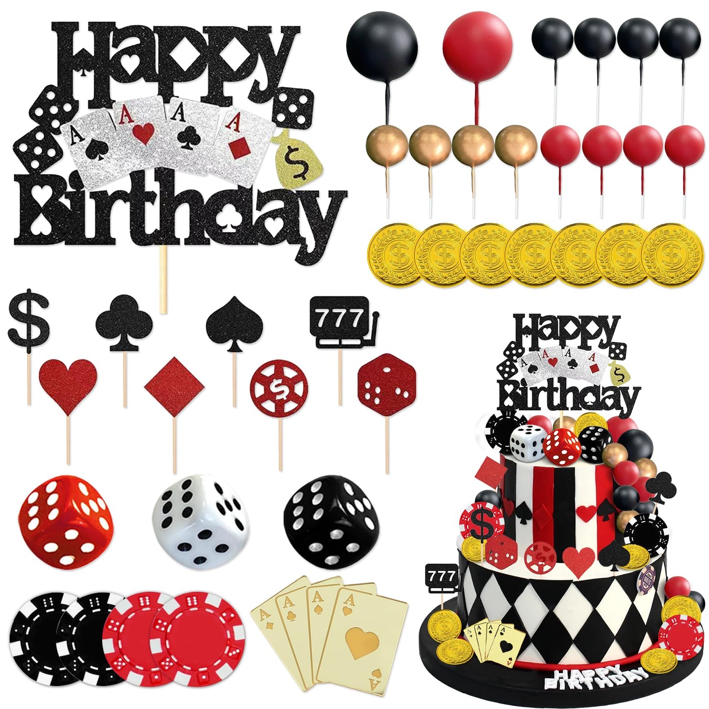 Knana 35Pcs Casino Cake Toppers - Dice, Chips & Gold Coins for Casino Theme Party Decorations