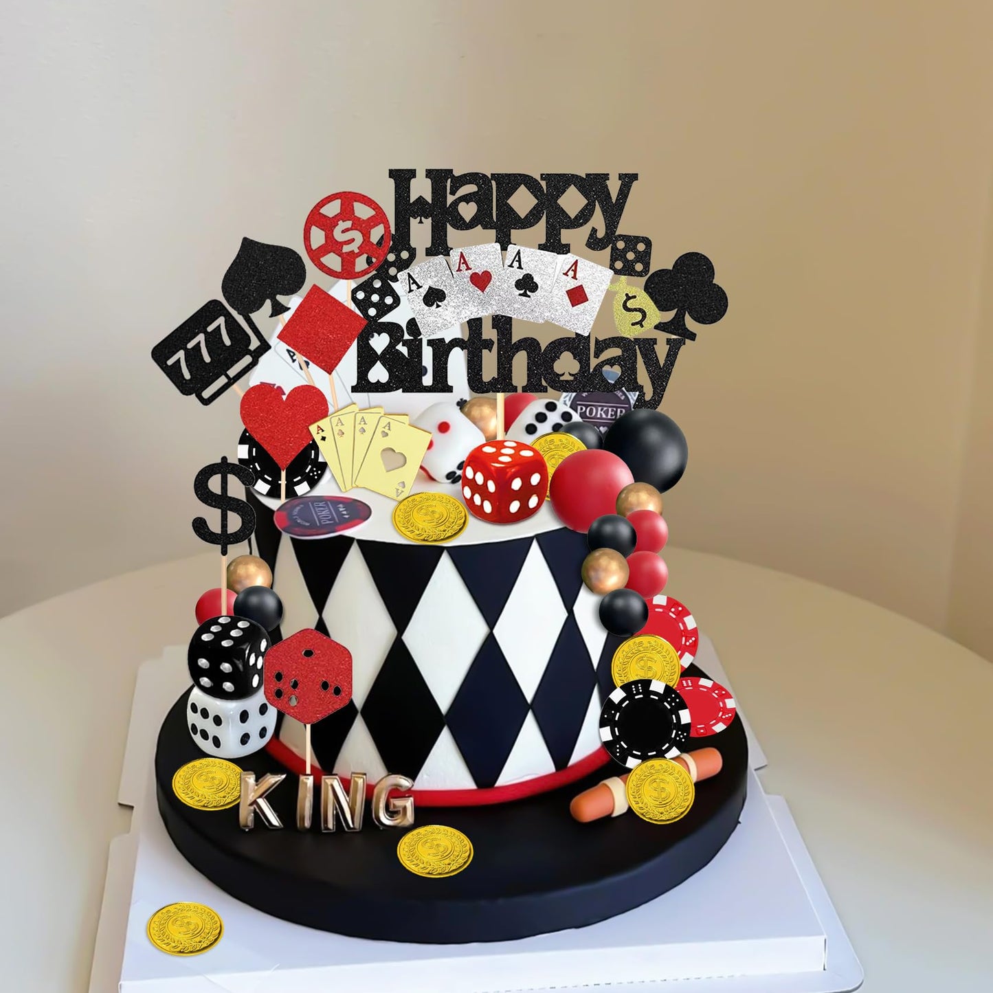 Knana 35Pcs Casino Cake Toppers - Dice, Chips & Gold Coins for Casino Theme Party Decorations