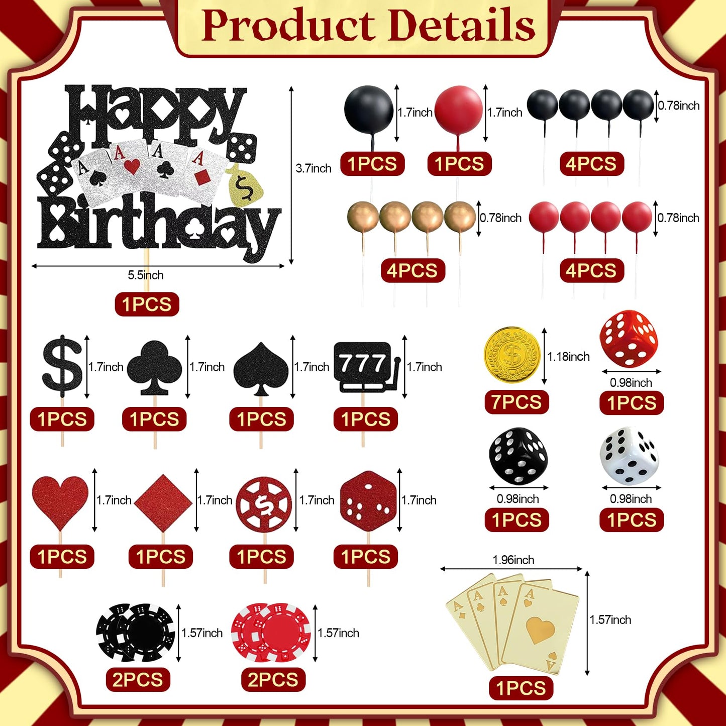Knana 35Pcs Casino Cake Toppers - Dice, Chips & Gold Coins for Casino Theme Party Decorations