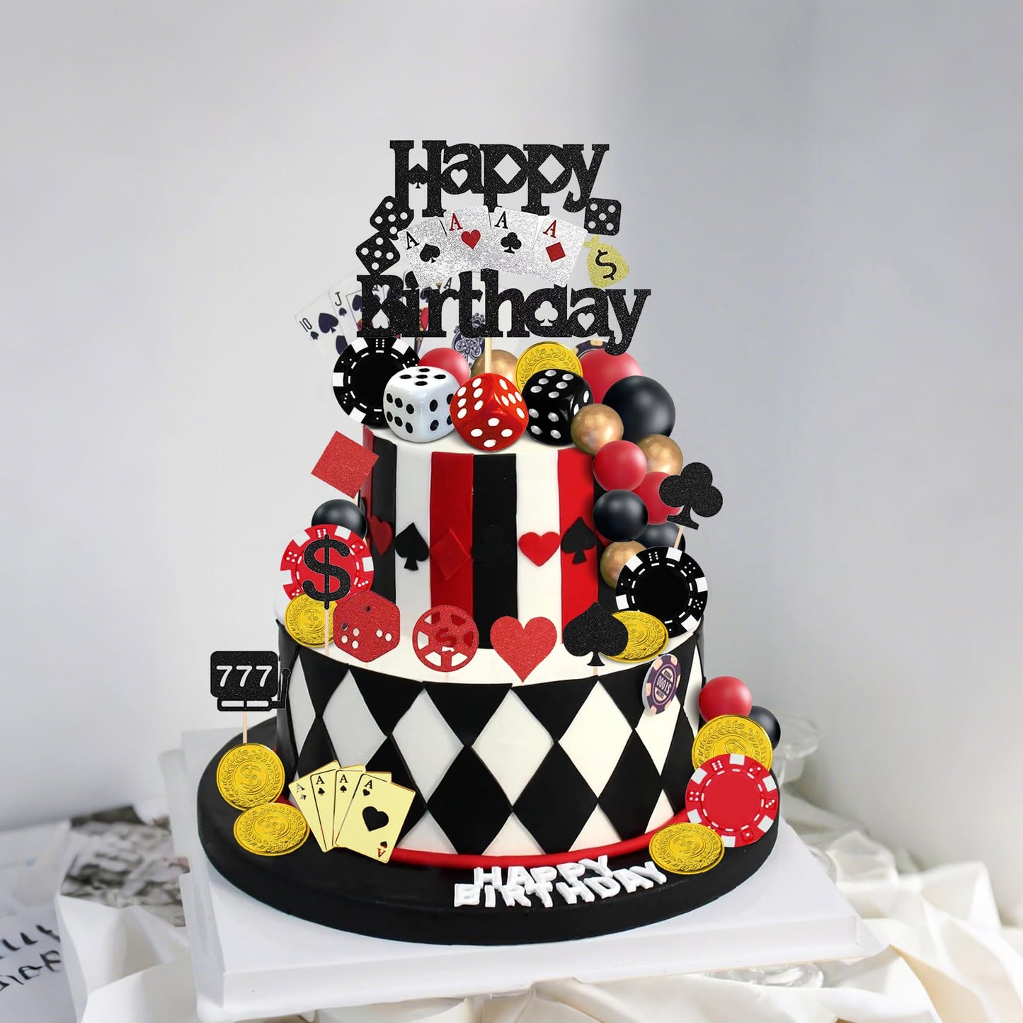 Knana 35Pcs Casino Cake Toppers - Dice, Chips & Gold Coins for Casino Theme Party Decorations