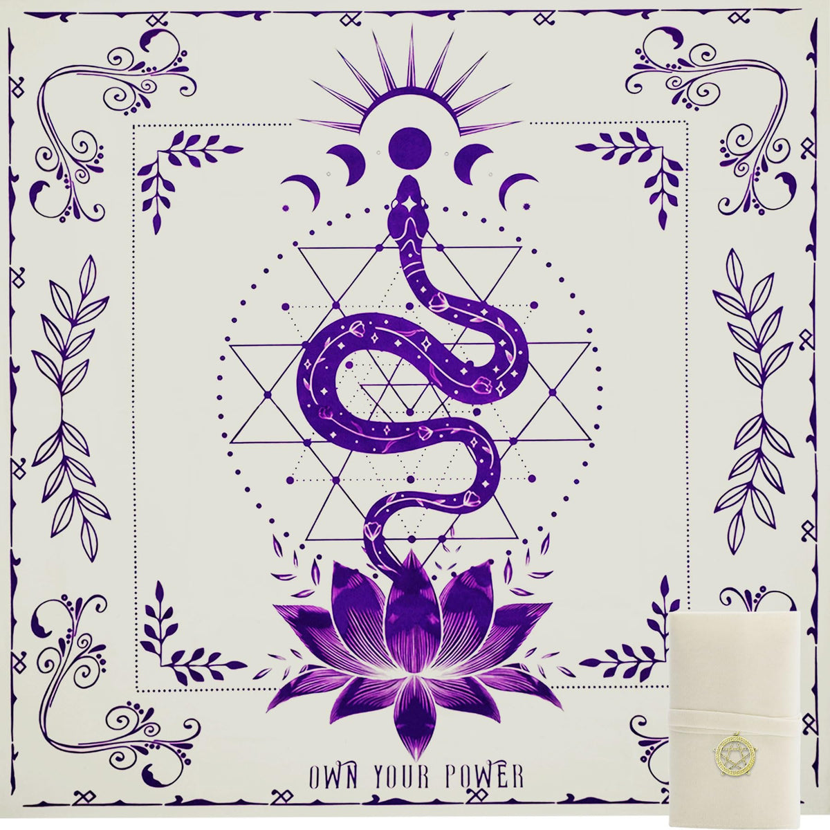 Knana Tarot Altar Cloth Silk Mat – Purple Snake Design + Velvet Tarot Card Bag