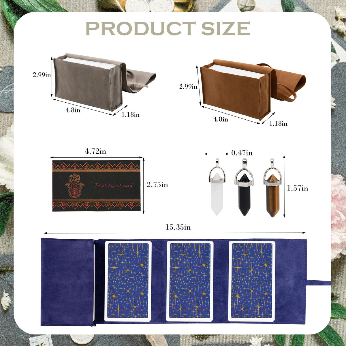 Knana 6-Pcs Velvet Tarot Card Holder Set with Pendulum Crystals – Blue, Brown & Gray