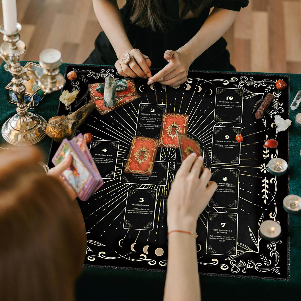Knana Velvet Altar Cloth Tarot Mat – Black, Moon Engraving & Celtic Cross Design