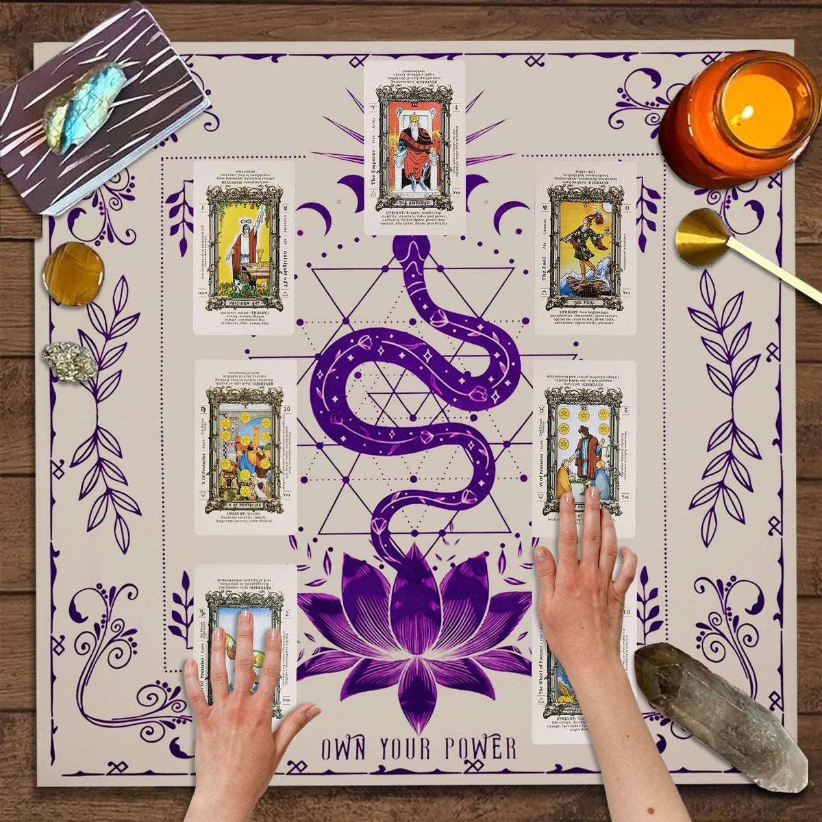 Knana Tarot Altar Cloth Silk Mat – Purple Snake Design + Velvet Tarot Card Bag