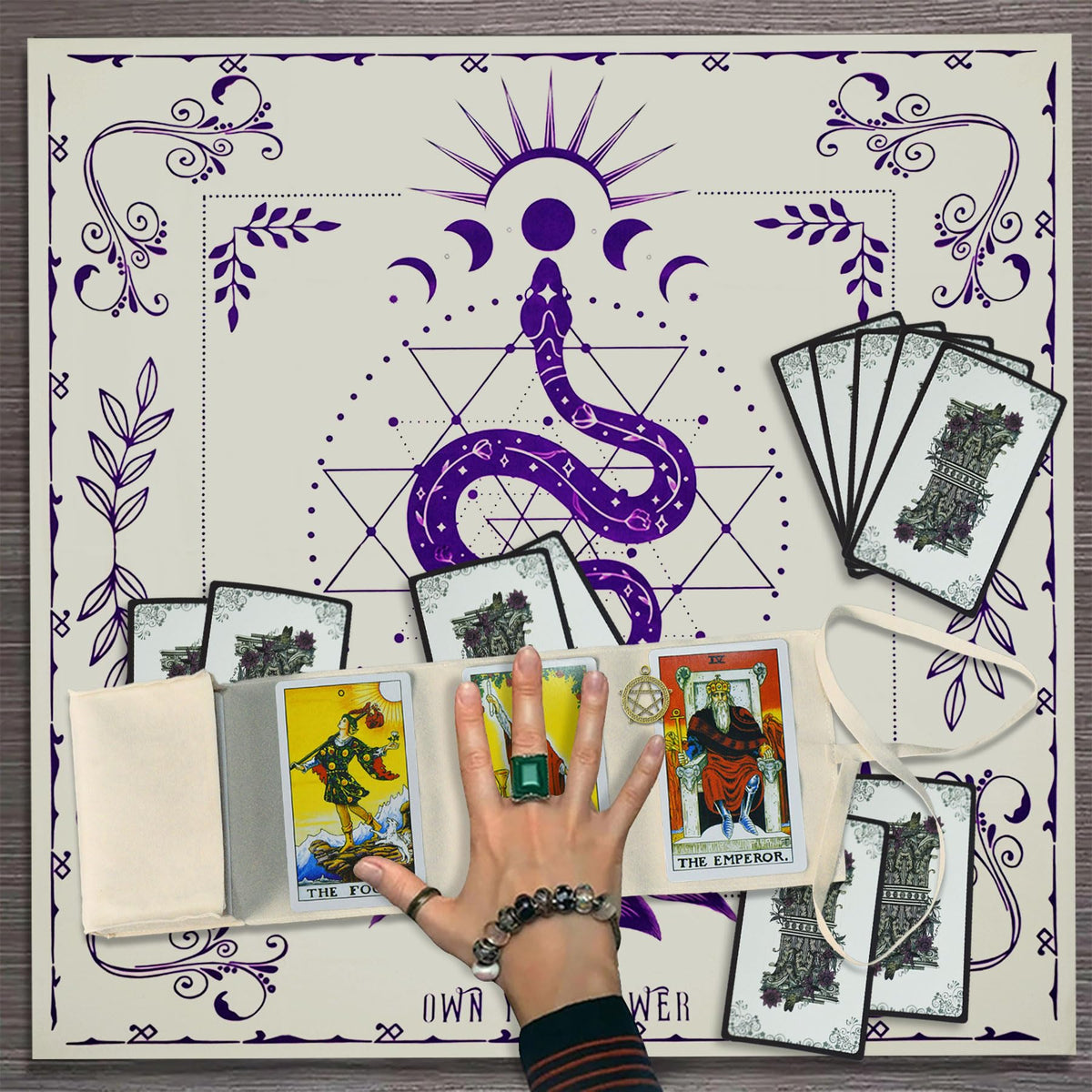 Knana Tarot Altar Cloth Silk Mat – Purple Snake Design + Velvet Tarot Card Bag