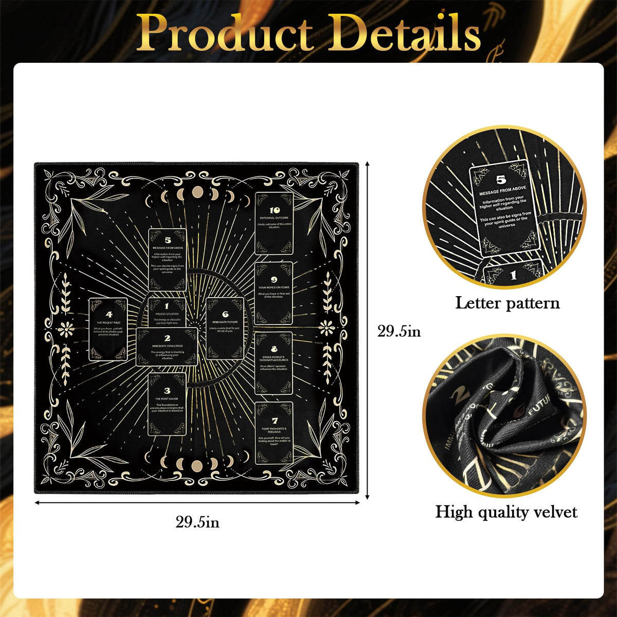 Knana Velvet Altar Cloth Tarot Mat – Black, Moon Engraving & Celtic Cross Design