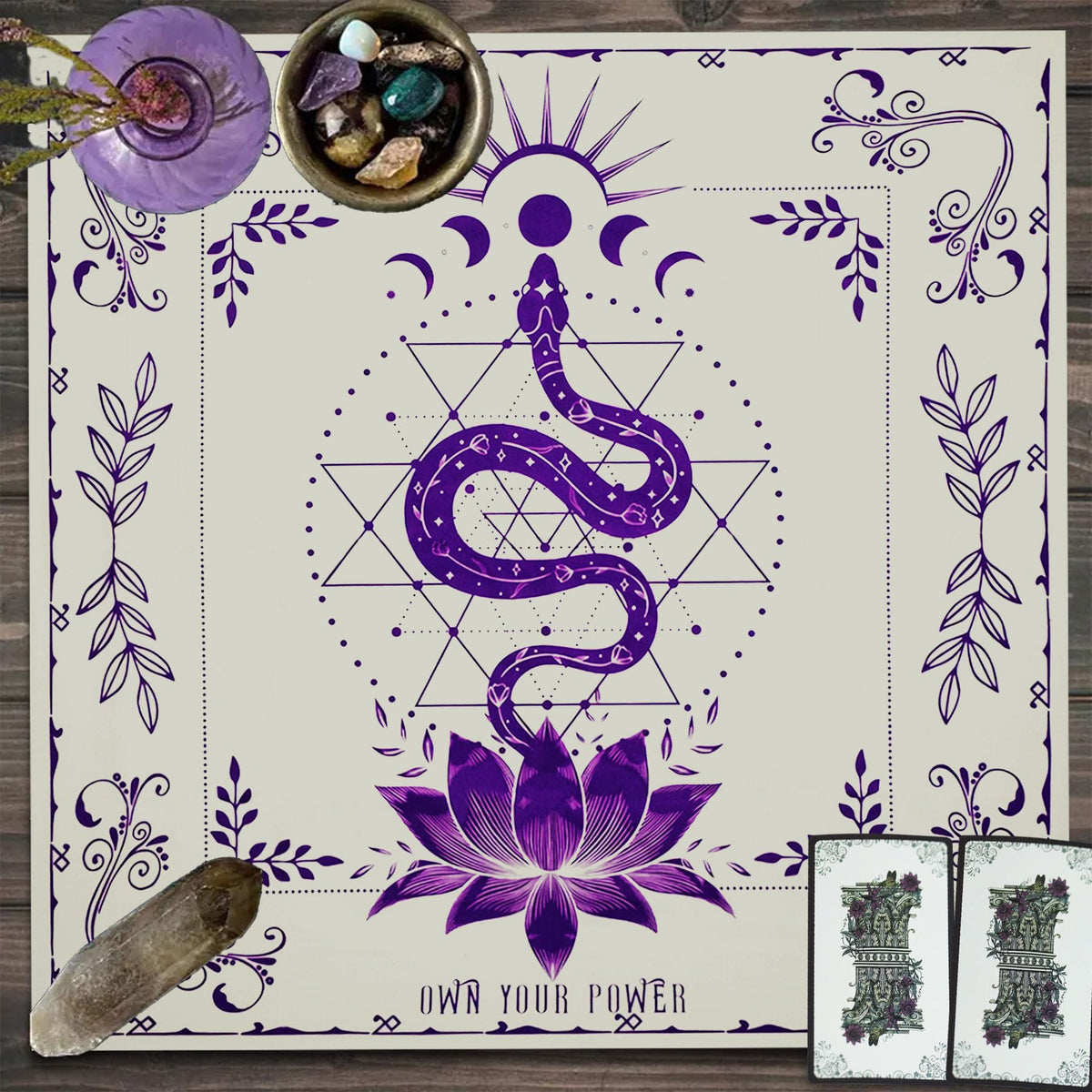 Knana Tarot Altar Cloth Silk Mat – Purple Snake Design + Velvet Tarot Card Bag