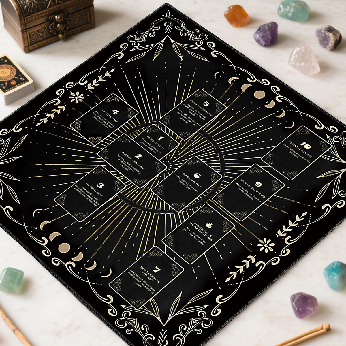 Knana Velvet Altar Cloth Tarot Mat – Black, Moon Engraving & Celtic Cross Design