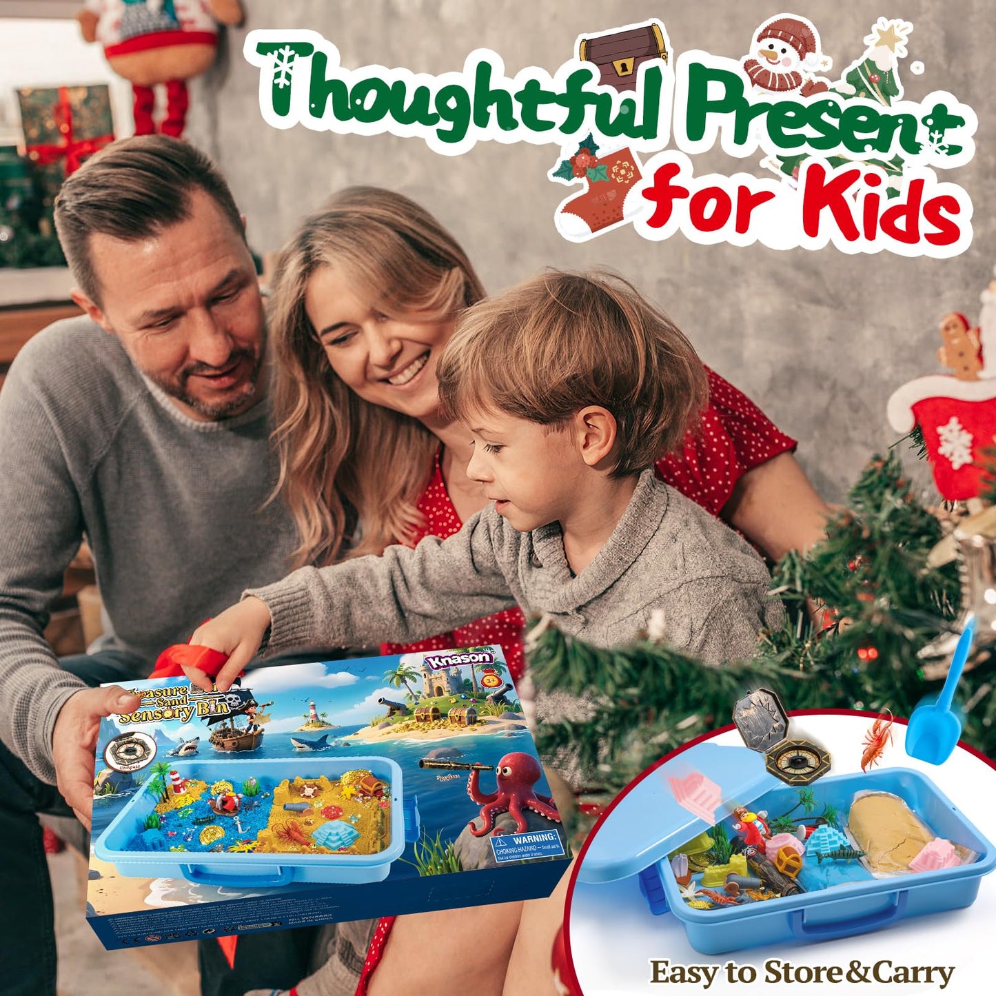 KNASON Pirate Treasure Chest Sensory Bin – 2.2lbs Sand, Glow Gems, Map & Pirate Accessories