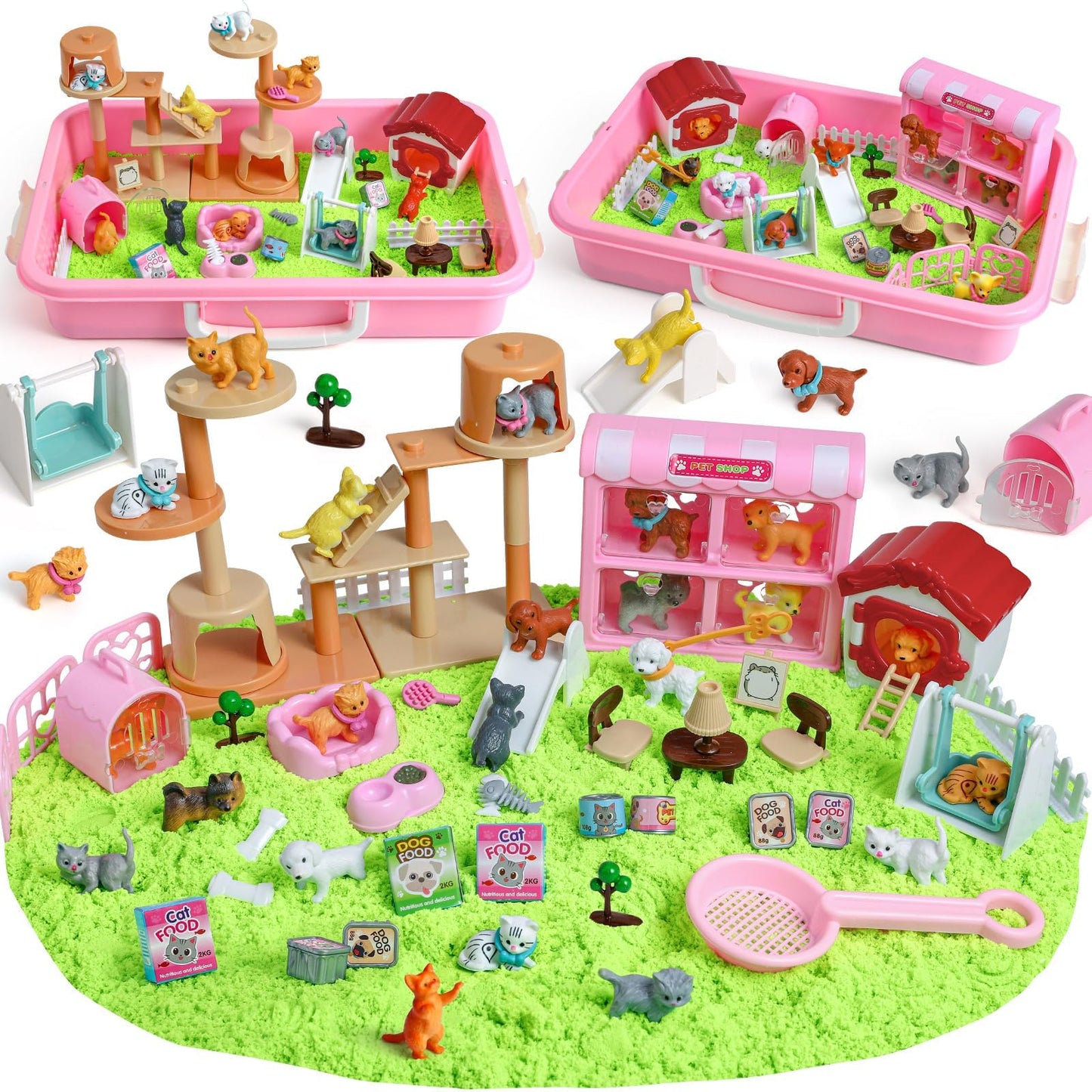 KNASON Cat and Dog Sensory Bin Play Sand Kit – 2.2 lbs Sand, 50 Accessories for Kids