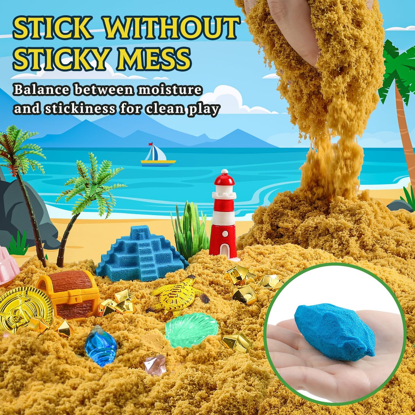 KNASON Pirate Treasure Chest Sensory Bin – 2.2lbs Sand, Glow Gems, Map & Pirate Accessories