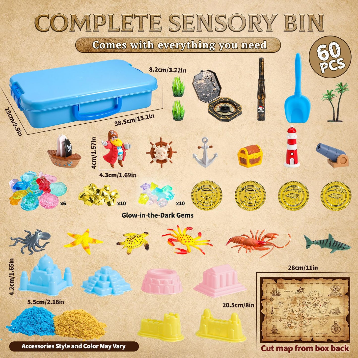 KNASON Pirate Treasure Chest Sensory Bin – 2.2lbs Sand, Glow Gems, Map & Pirate Accessories