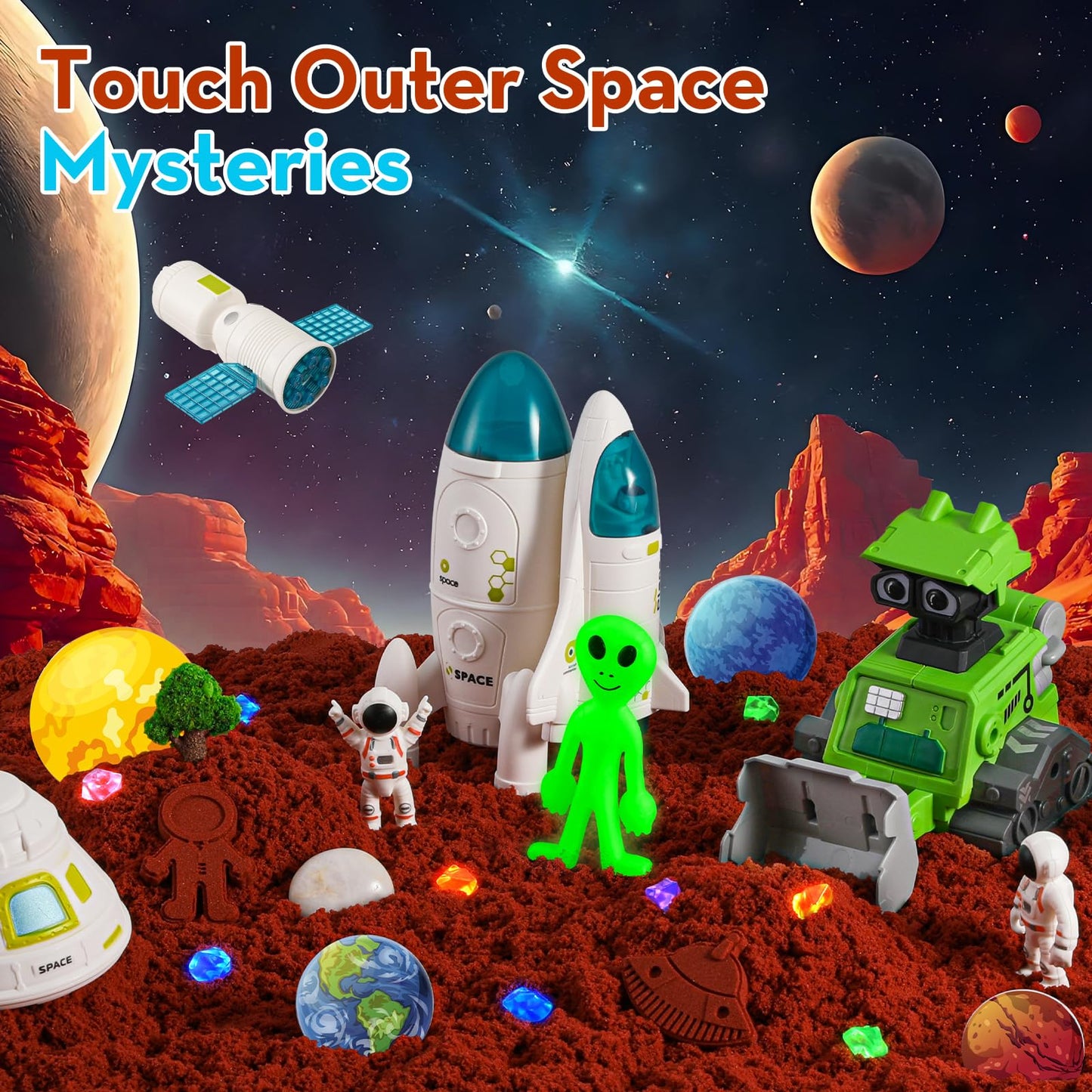 KNASON Outer Space Sensory Bin with 2.2lbs Moldable Sand | Glow in the Dark Aliens & Gems for Kids 3-8