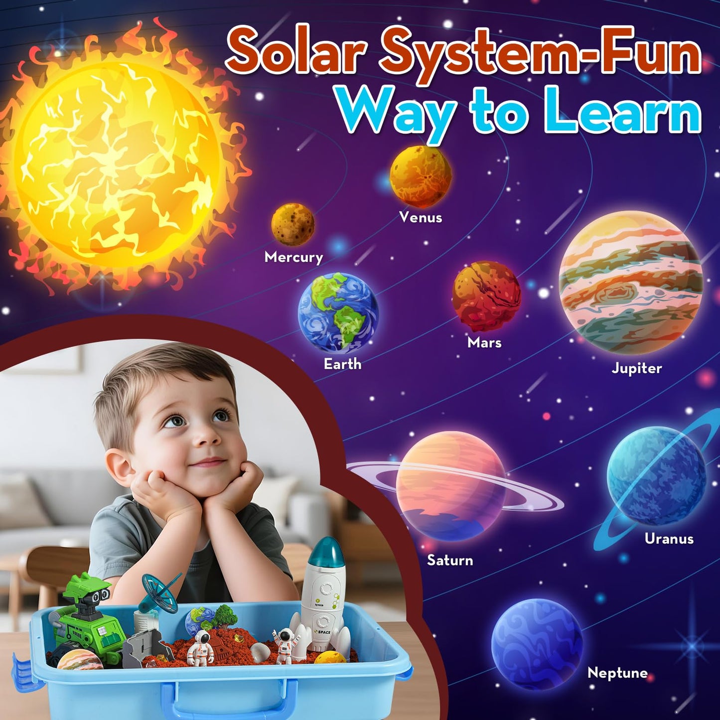 KNASON Outer Space Sensory Bin with 2.2lbs Moldable Sand | Glow in the Dark Aliens & Gems for Kids 3-8