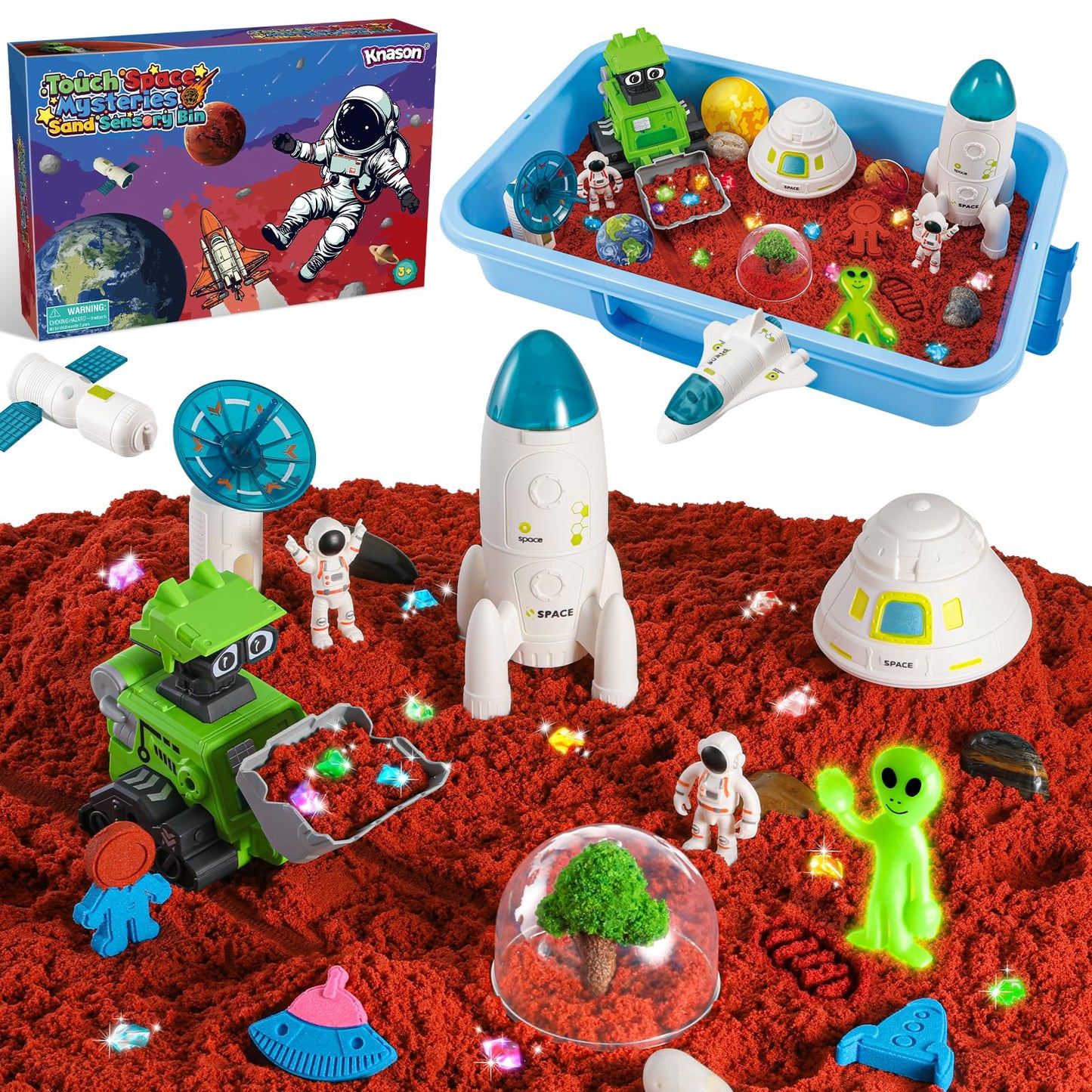 KNASON Outer Space Sensory Bin with 2.2lbs Moldable Sand | Glow in the Dark Aliens & Gems for Kids 3-8