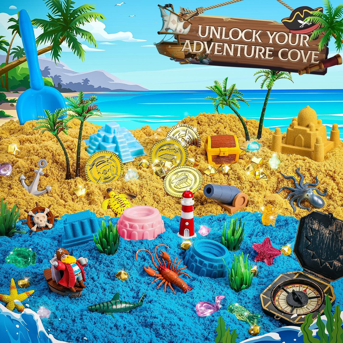 KNASON Pirate Treasure Chest Sensory Bin – 2.2lbs Sand, Glow Gems, Map & Pirate Accessories
