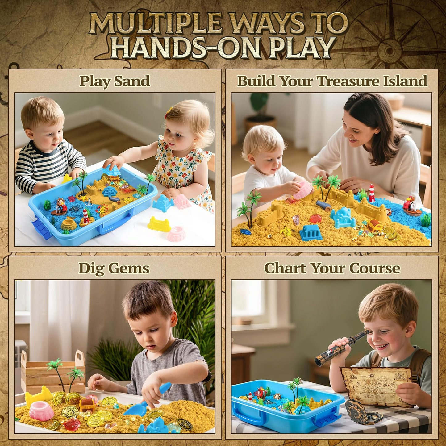 KNASON Pirate Treasure Chest Sensory Bin – 2.2lbs Sand, Glow Gems, Map & Pirate Accessories