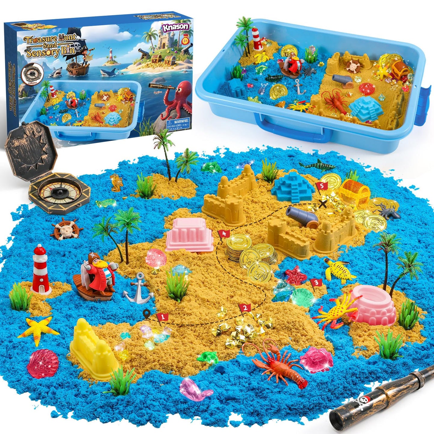 KNASON Pirate Treasure Chest Sensory Bin – 2.2lbs Sand, Glow Gems, Map & Pirate Accessories