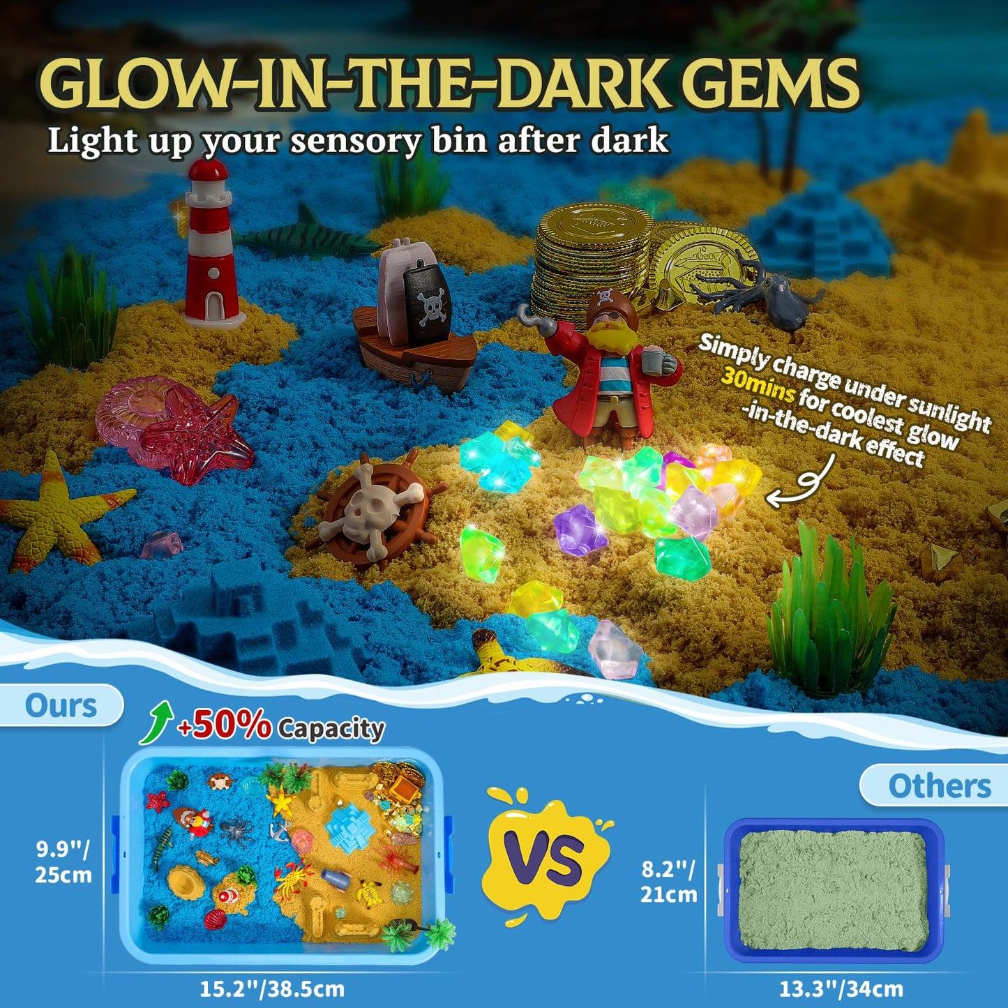KNASON Pirate Treasure Chest Sensory Bin – 2.2lbs Sand, Glow Gems, Map & Pirate Accessories