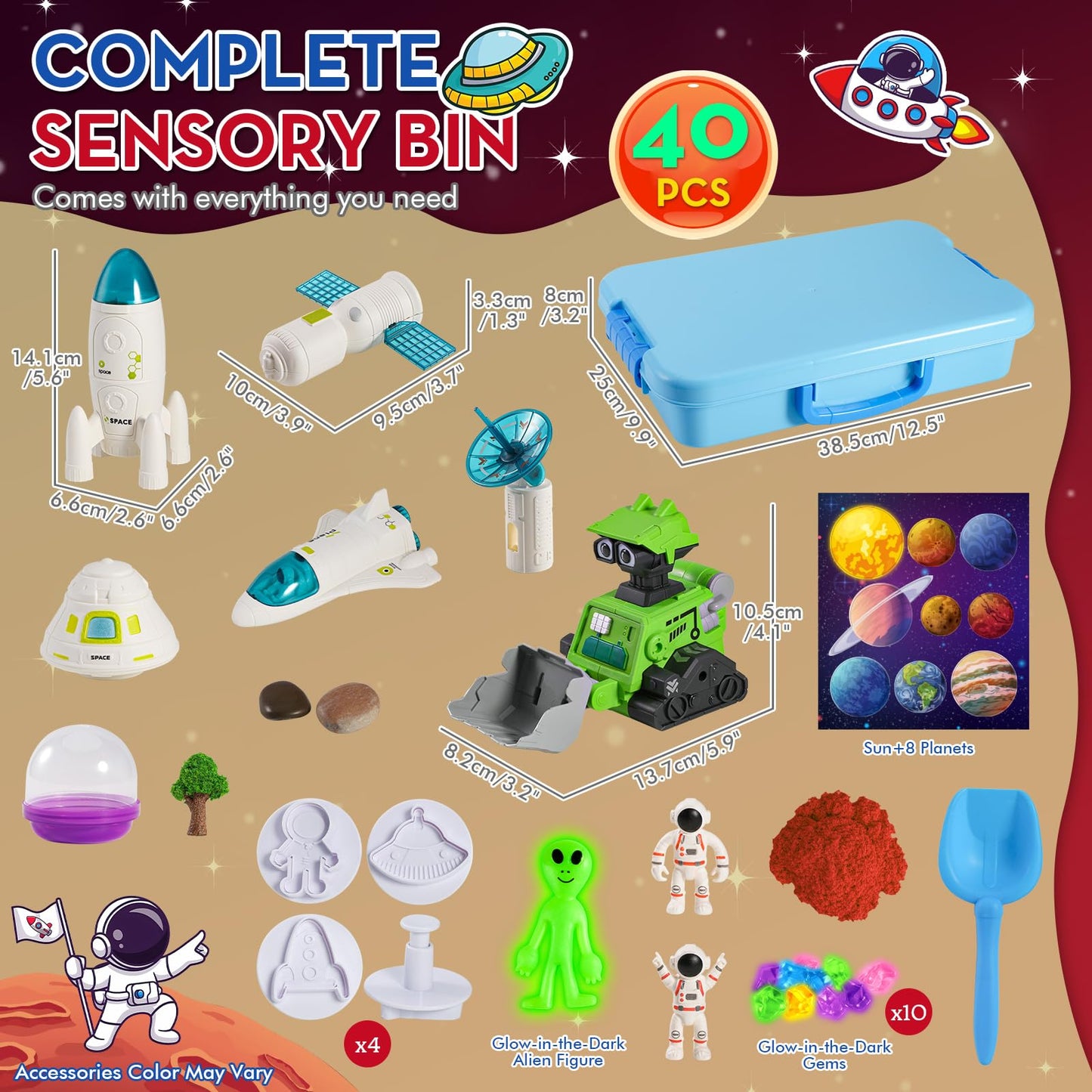 KNASON Outer Space Sensory Bin with 2.2lbs Moldable Sand | Glow in the Dark Aliens & Gems for Kids 3-8