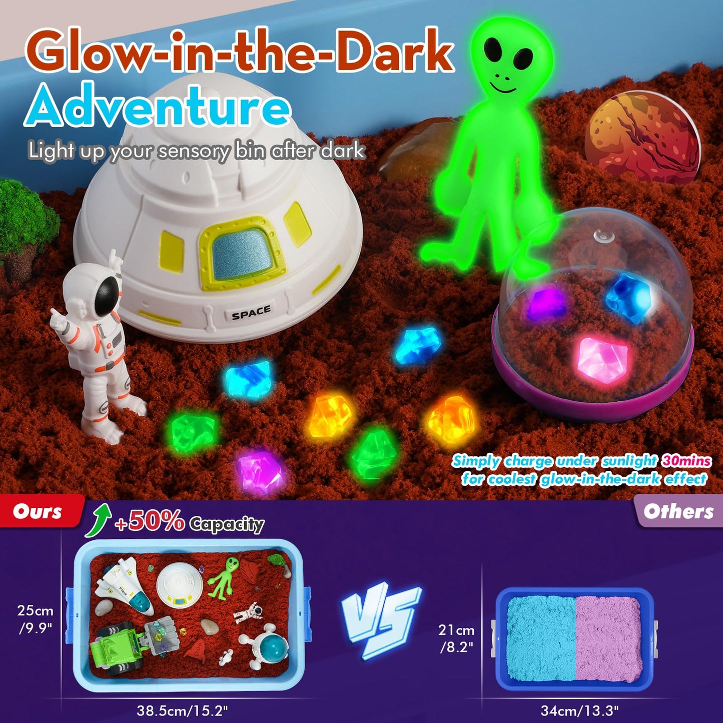 KNASON Outer Space Sensory Bin with 2.2lbs Moldable Sand | Glow in the Dark Aliens & Gems for Kids 3-8